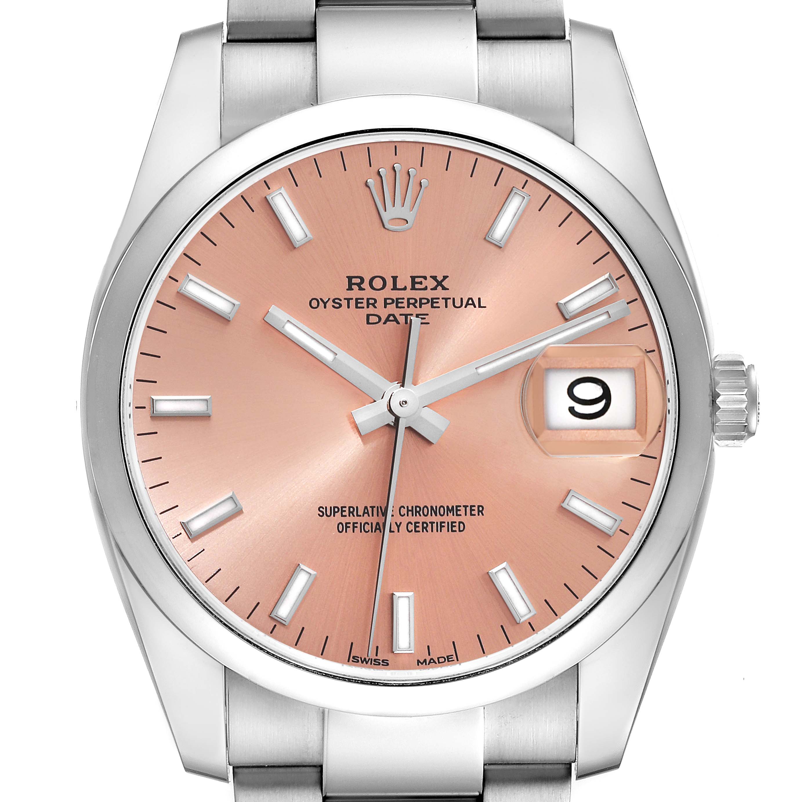 This image shows the full face of a Rolex Oyster Perpetual Date watch with a pink dial and a date window at the 3 o'clock position.