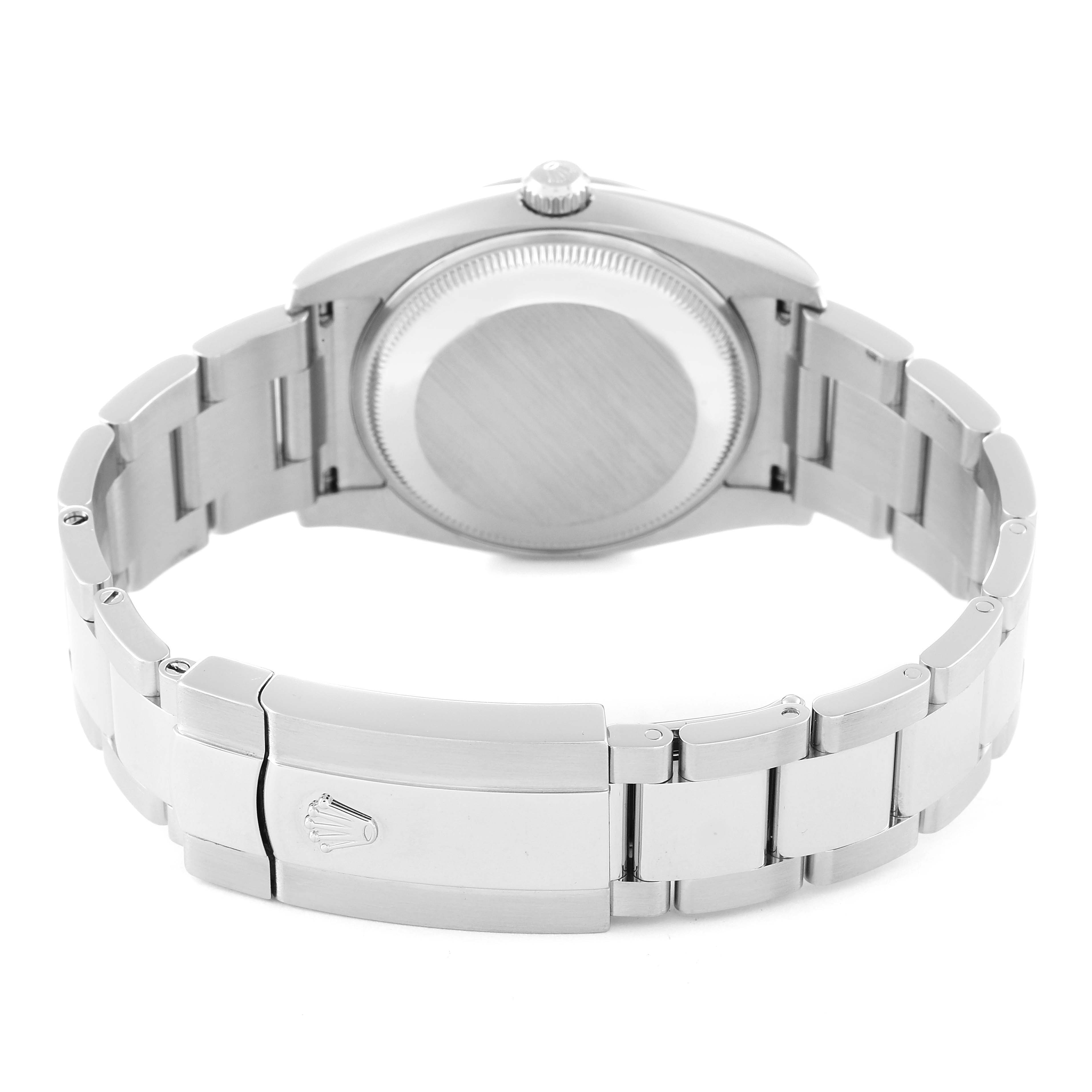 This image shows the back view of a Rolex Date 115200 Men's Stainless Steel Pink Dial 115200 Men's Stainless Steel Pink Dial watch, highlighting the clasp, bracelet, and case back.