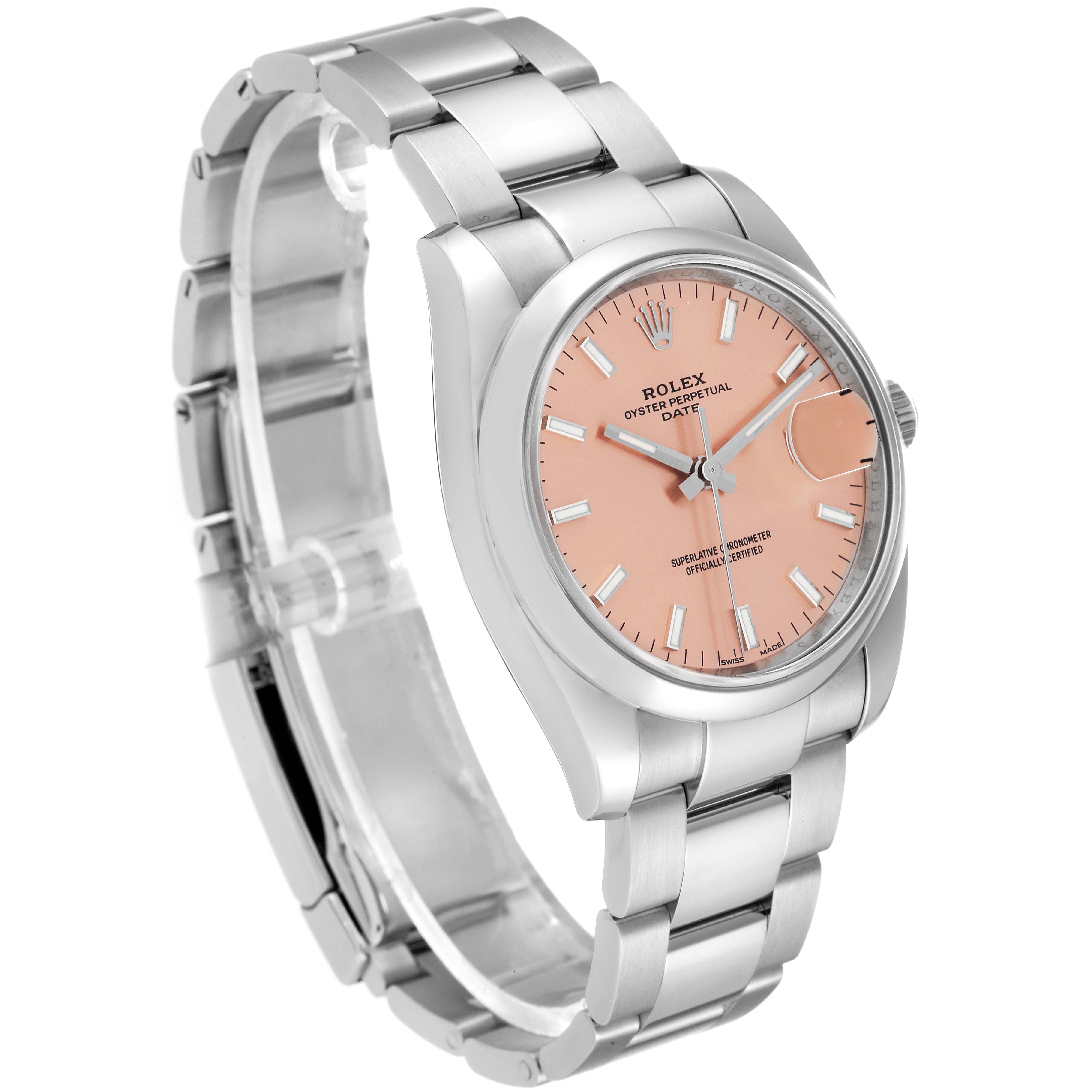 This image shows a side angle of a Rolex Date 115200 Men's Stainless Steel Pink Dial 115200 Men's Stainless Steel Pink Dial model watch, highlighting the pink dial and silver bracelet.