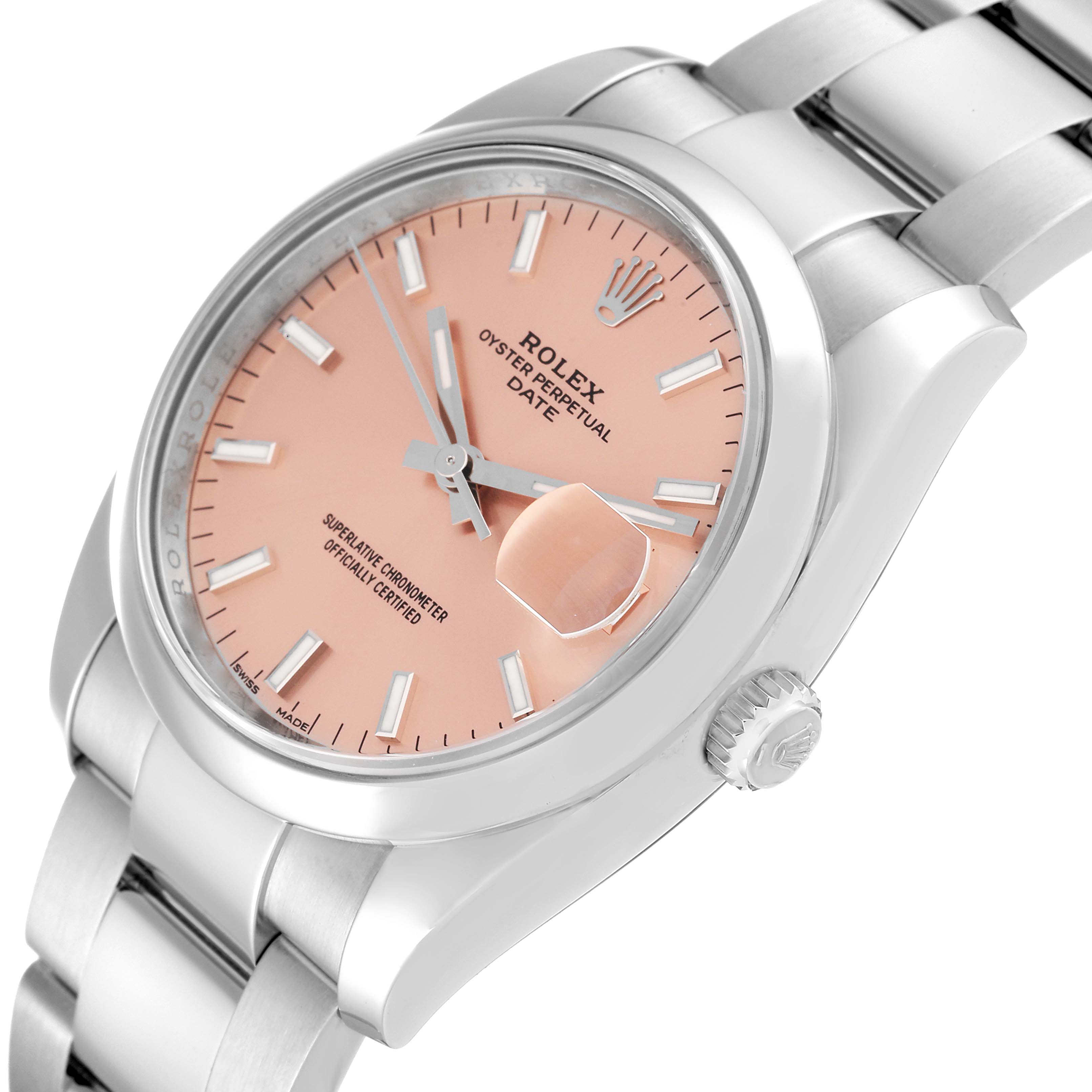 The image shows a close-up side angle of the Rolex Date 115200 Men's Stainless Steel Pink Dial 115200 Men's Stainless Steel Pink Dial model watch, highlighting the dial, crown, and part of the bracelet.