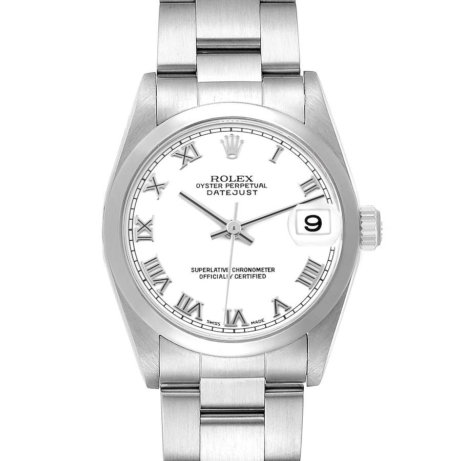 The Rolex Datejust watch is shown from a top-down angle, highlighting the dial, bezel, and part of the bracelet.