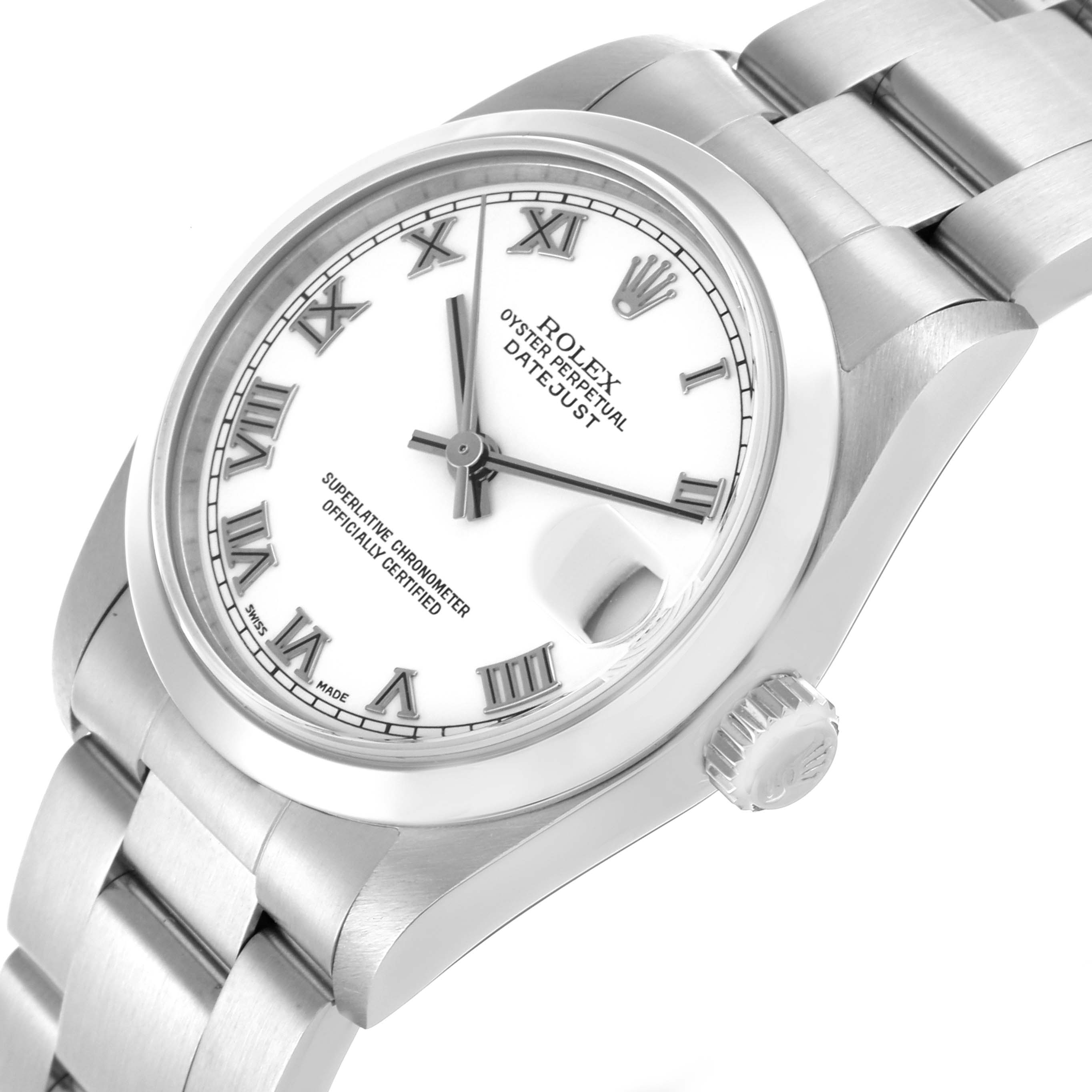 The Rolex Datejust 78240 Women's Stainless Steel White Dial 78240 Women's Stainless Steel White Dial watch is shown at a three-quarter angle, highlighting the face, bezel, crown, and part of the bracelet.