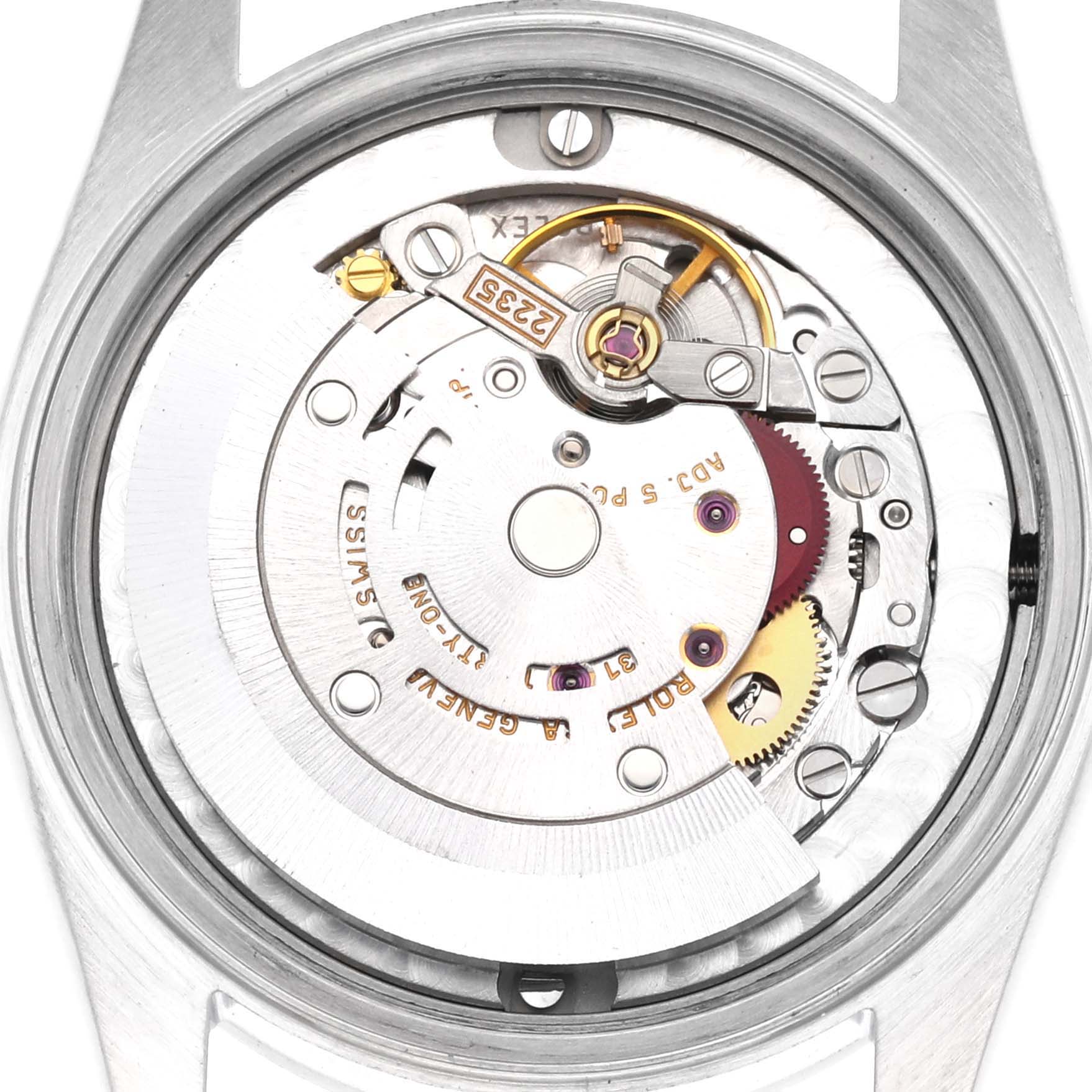 This image shows the back view of the Rolex Datejust 78240 Women's Stainless Steel White Dial 78240 Women's Stainless Steel White Dial, highlighting its movement and internal mechanics.