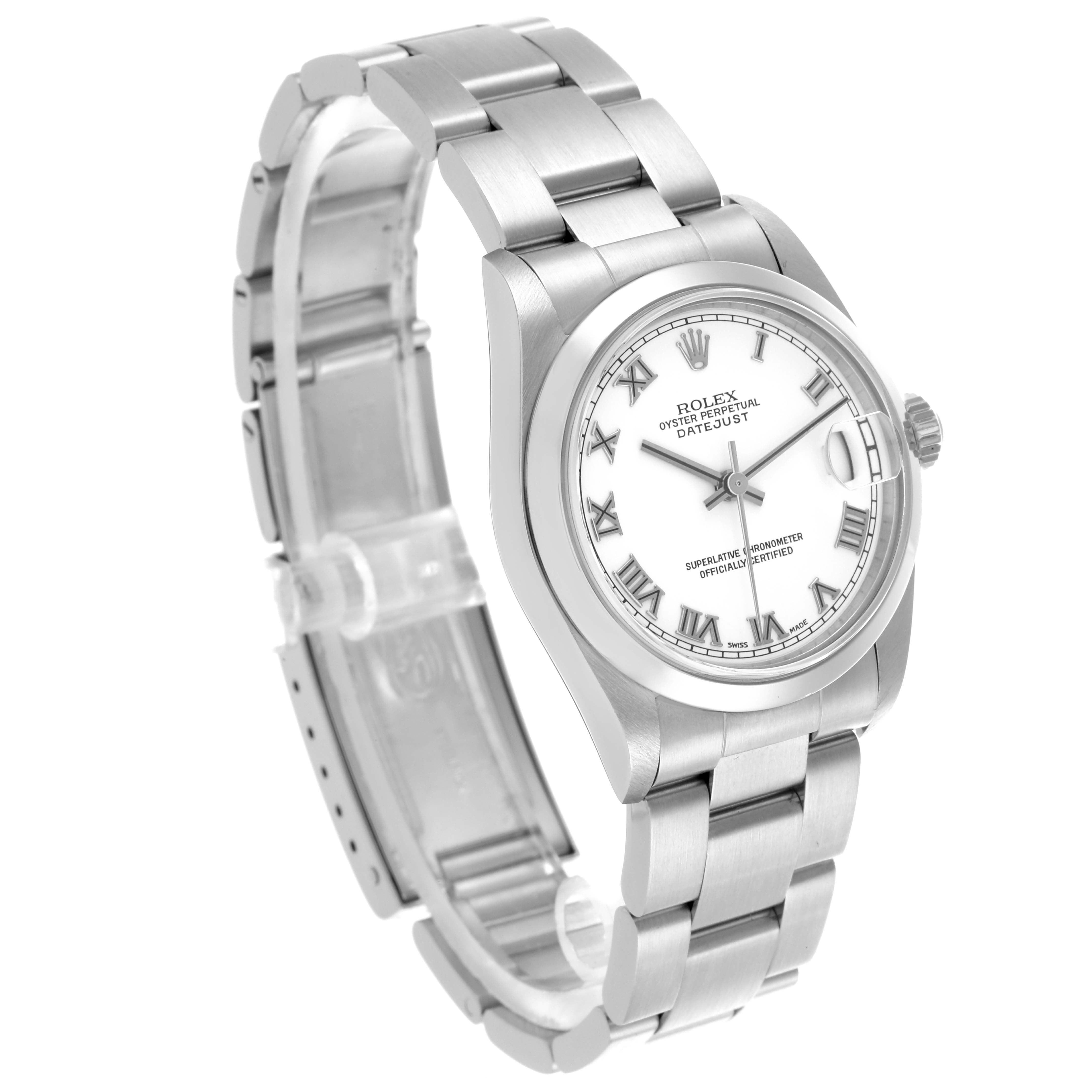 The Rolex Datejust 78240 Women's Stainless Steel White Dial 78240 Women's Stainless Steel White Dial watch is shown at a three-quarter angle, displaying the face, bezel, crown, and bracelet.