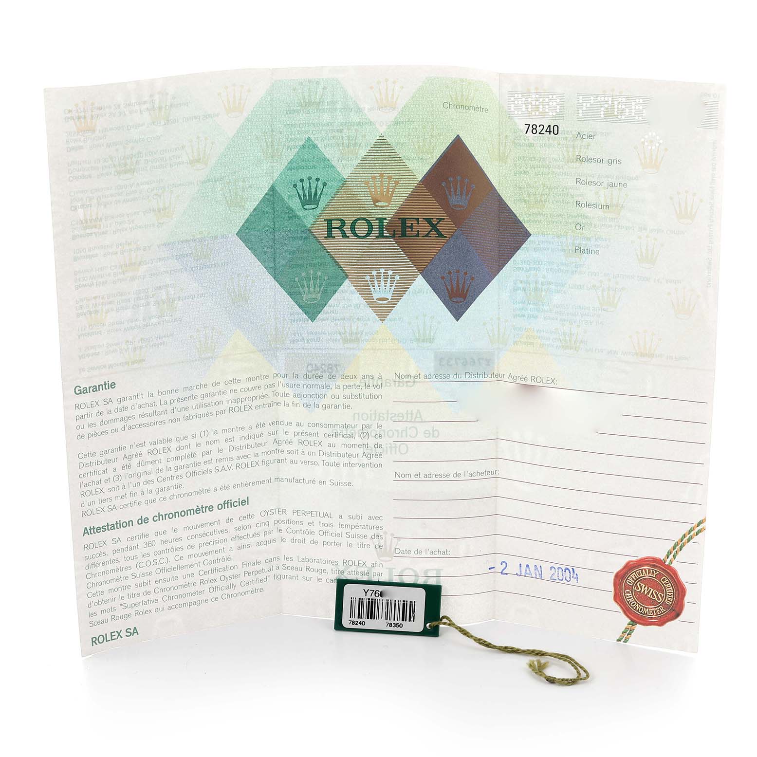 The image shows the warranty and certification papers for a Rolex Datejust 78240 Women's Stainless Steel White Dial 78240 Women's Stainless Steel White Dial watch, including a tag with model details.