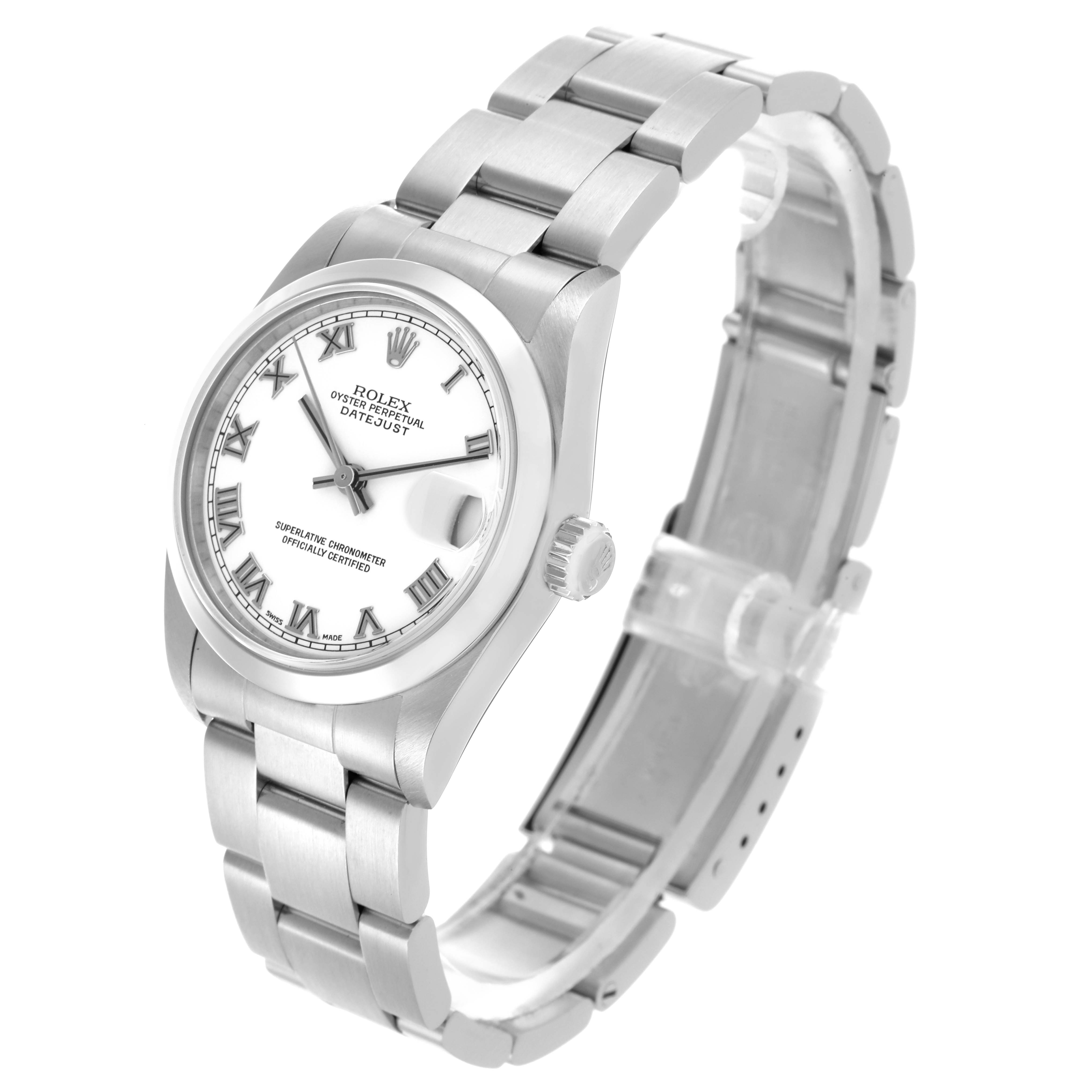 The Rolex Datejust 78240 Women's Stainless Steel White Dial 78240 Women's Stainless Steel White Dial watch is shown at an angled view, displaying the face, bezel, and bracelet.