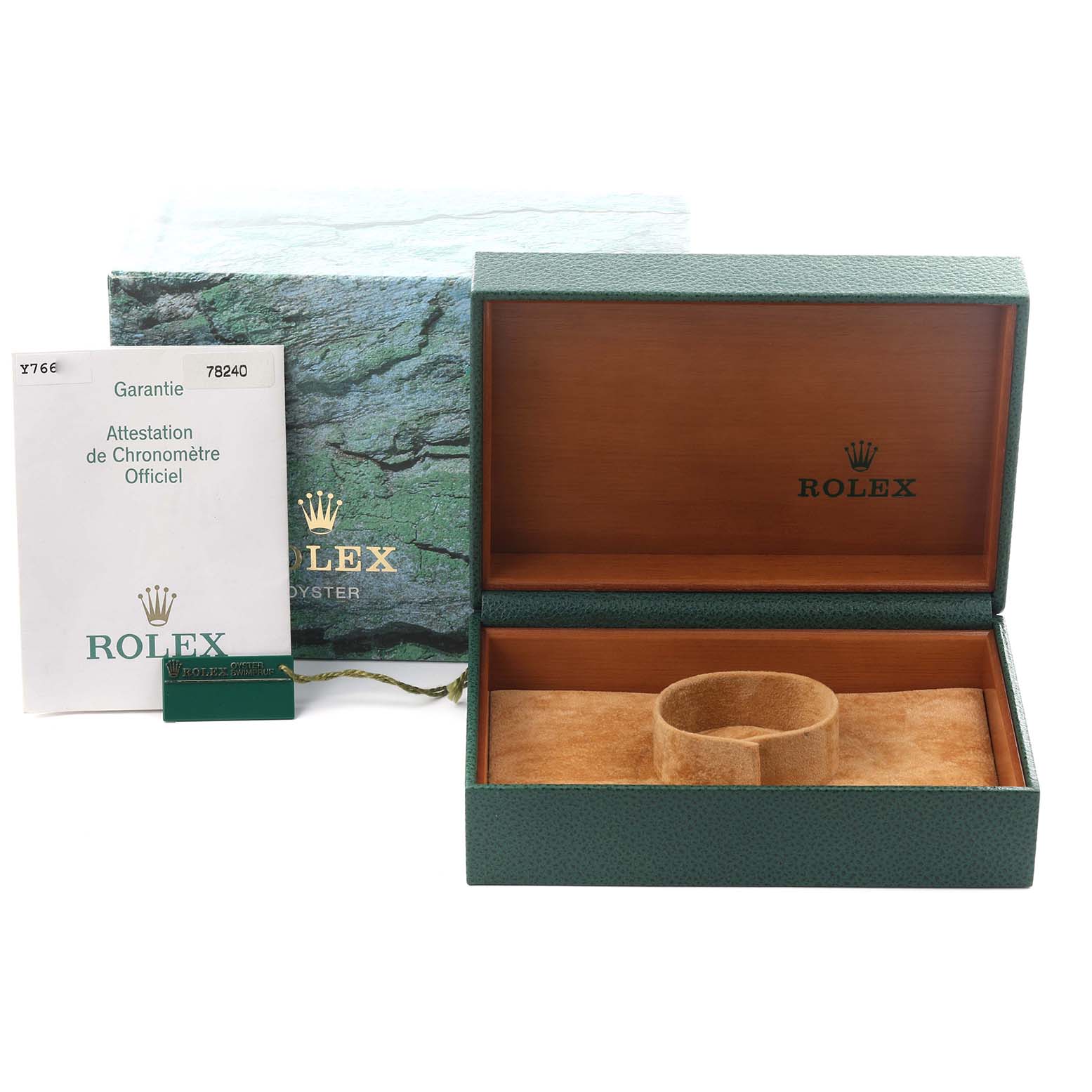 The image shows a Rolex Datejust 78240 Women's Stainless Steel White Dial 78240 Women's Stainless Steel White Dial box set with an open green case, manual, and tag.