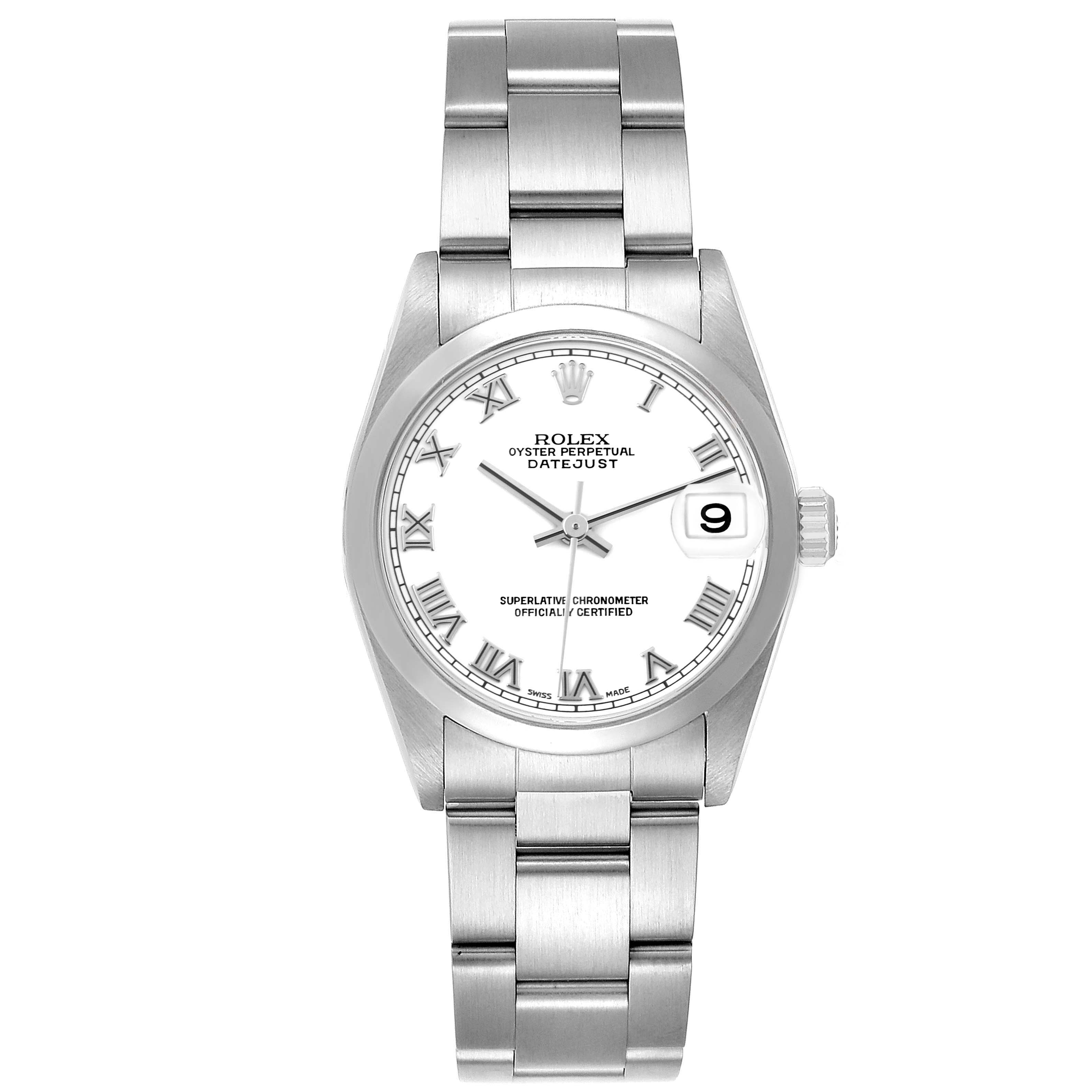 The Rolex Datejust 78240 Women's Stainless Steel White Dial 78240 Women's Stainless Steel White Dial watch is shown from the front, displaying the dial, bezel, and full bracelet.