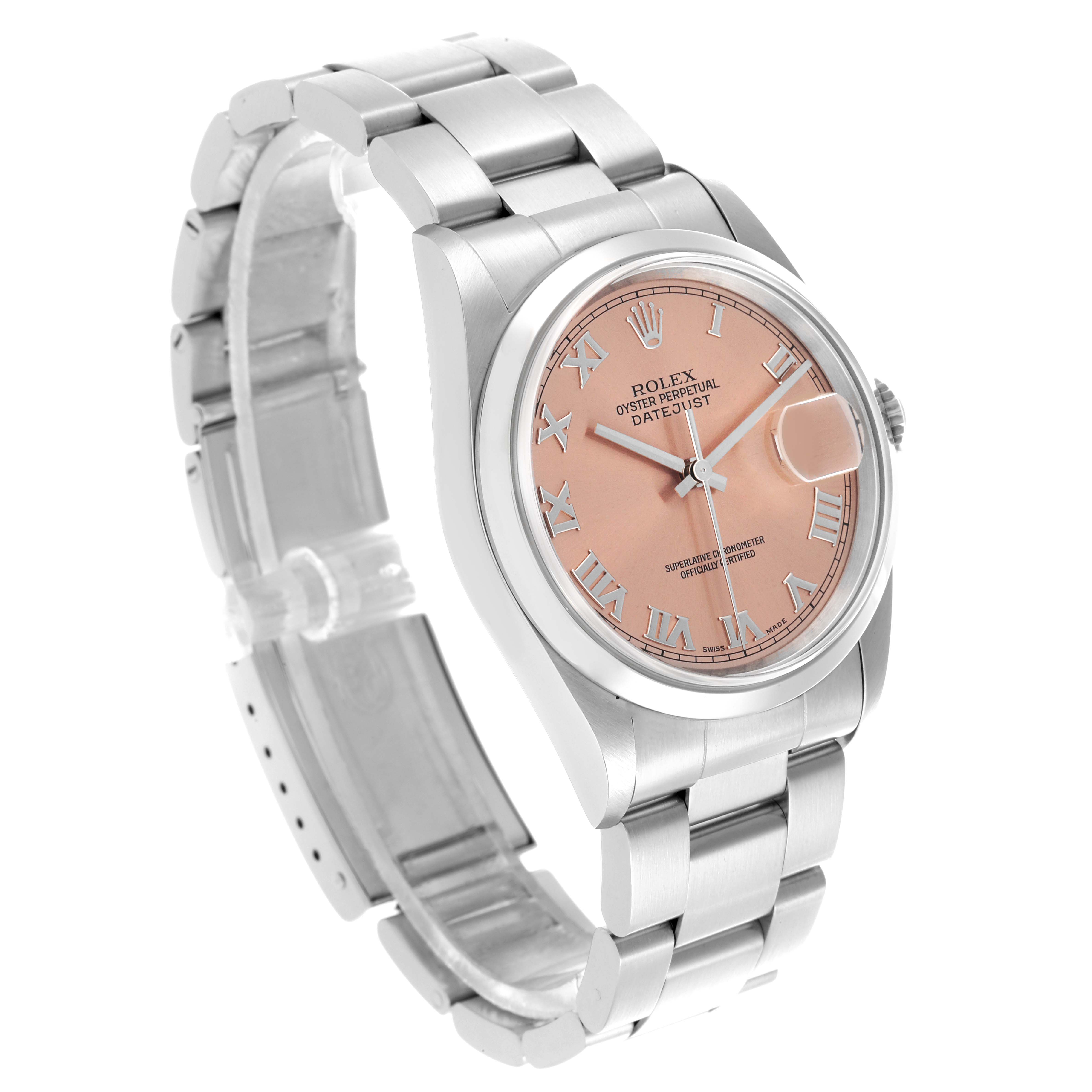 The image shows a Rolex Datejust 16200 Men's White Gold Pink Dial 16200 Men's White Gold Pink Dial watch from a three-quarter angle, highlighting the dial, bezel, and part of the bracelet.