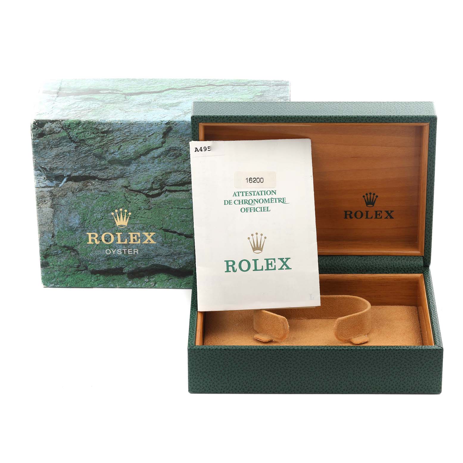 The image shows a Rolex Datejust 16200 Men's White Gold Pink Dial 16200 Men's White Gold Pink Dial box, opened with paperwork on top, viewed from the front angle.