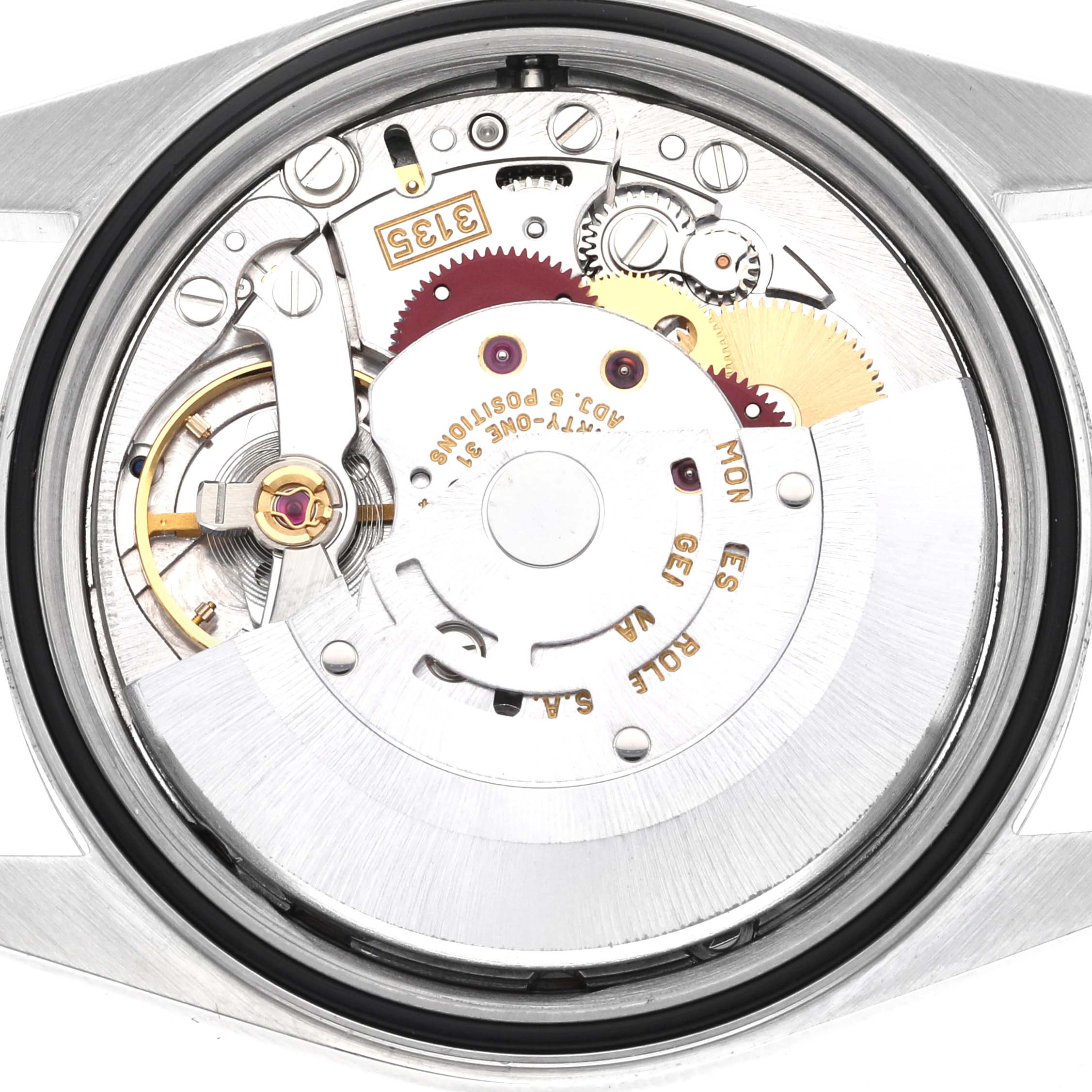The image shows the movement mechanism of a Rolex Datejust 16200 Men's White Gold Pink Dial 16200 Men's White Gold Pink Dial watch, viewed from the back.