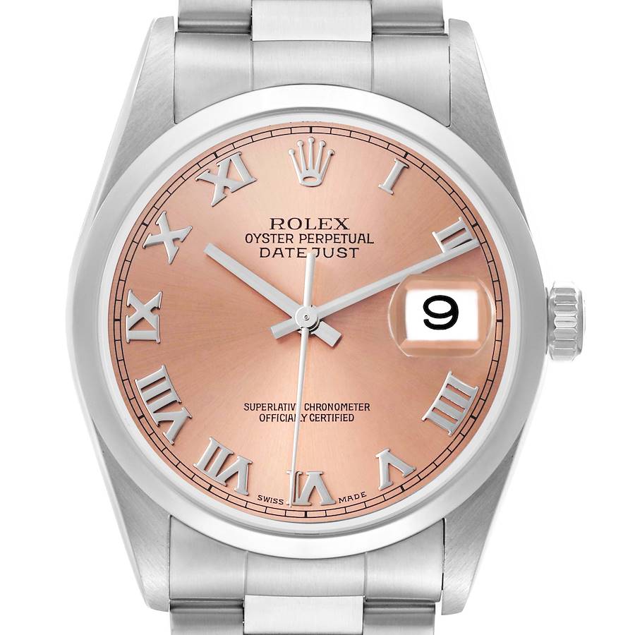 The Rolex Datejust watch is shown from a front angle, displaying the dial, bezel, and part of the bracelet.