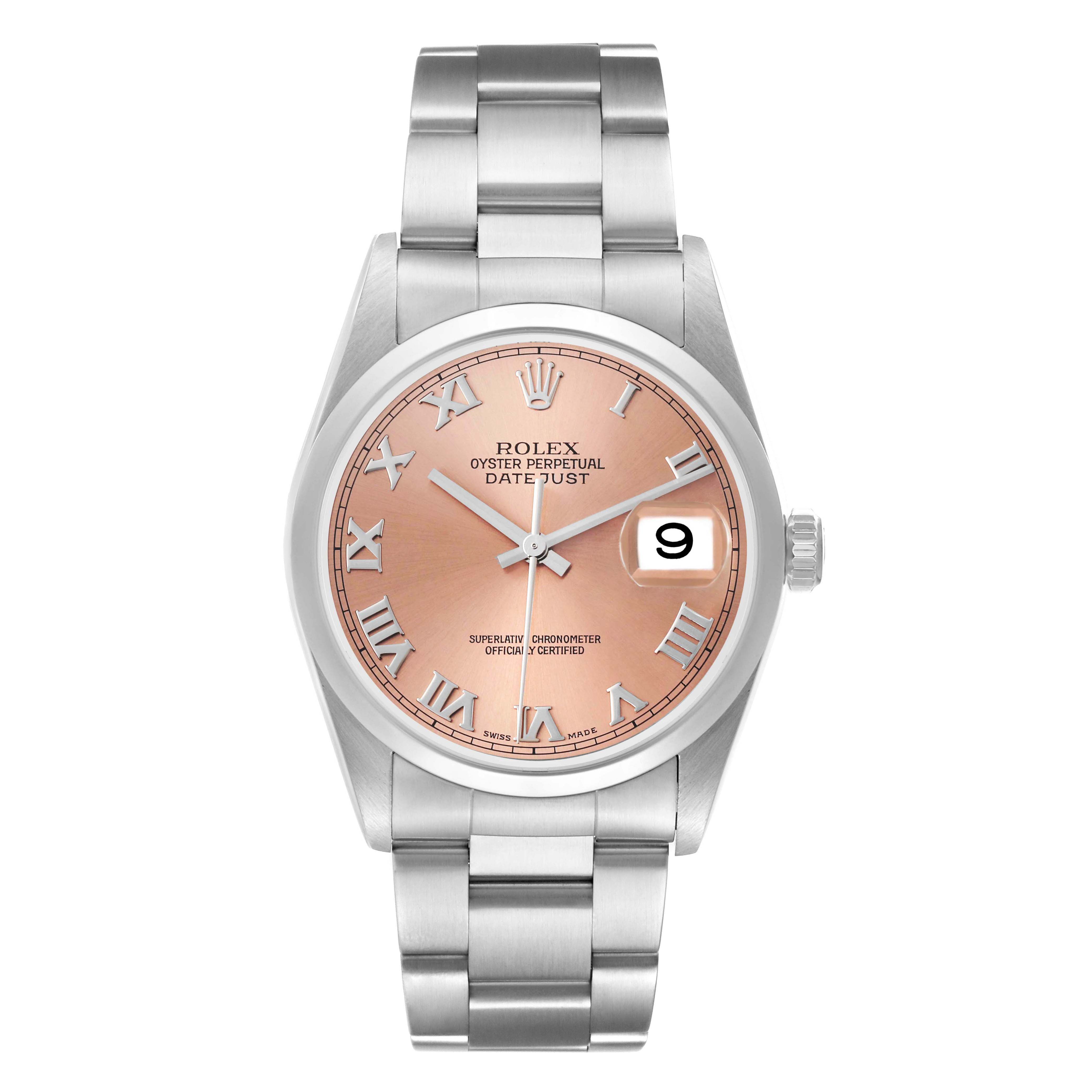 The Rolex Datejust 16200 Men's White Gold Pink Dial 16200 Men's White Gold Pink Dial watch is shown from the front, displaying the dial, bezel, and bracelet.