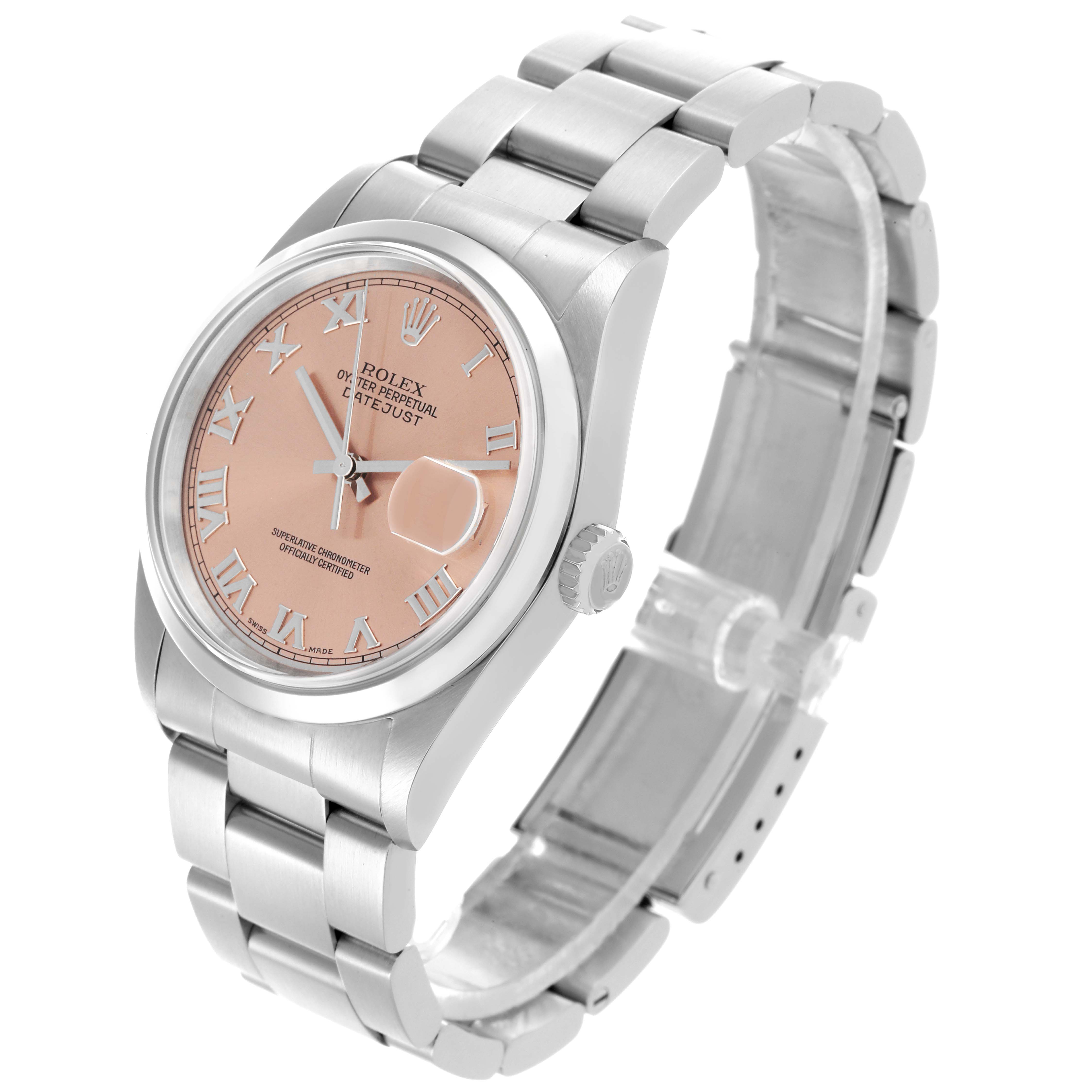 The image shows a side-angle view of the Rolex Datejust 16200 Men's White Gold Pink Dial 16200 Men's White Gold Pink Dial, highlighting the pink dial, bezel, crown, and metal bracelet.