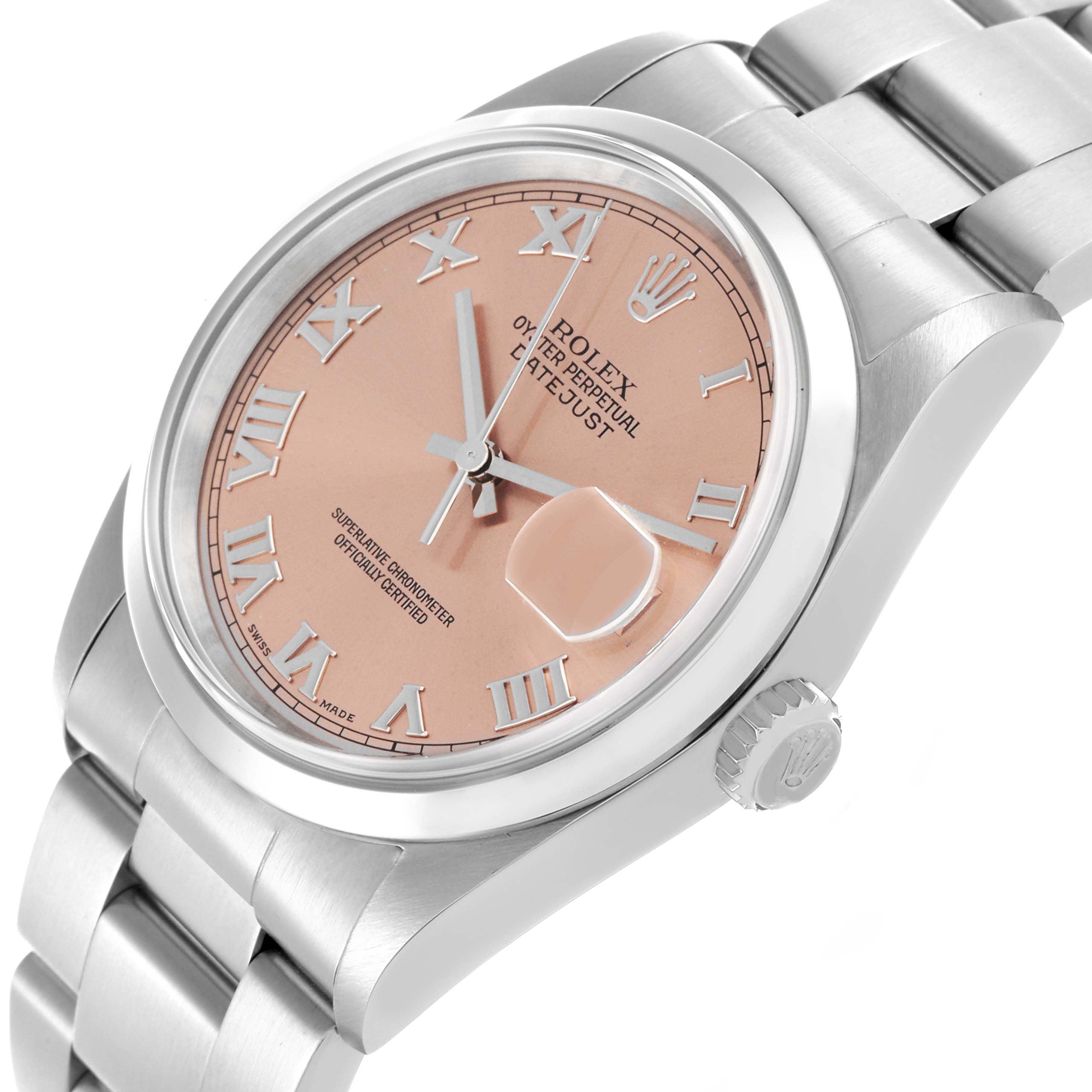 The Rolex Datejust 16200 Men's White Gold Pink Dial 16200 Men's White Gold Pink Dial watch is shown at a slight angle, highlighting the pink dial, Roman numerals, bezel, and bracelet.