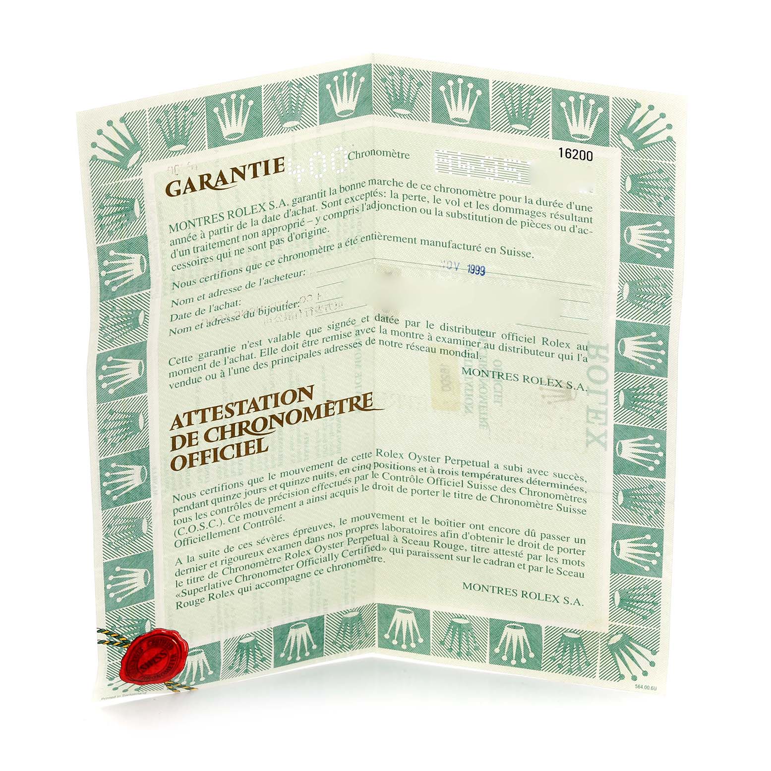 The image shows the warranty and chronometer certificate for a Rolex Datejust 16200 Men's White Gold Pink Dial 16200 Men's White Gold Pink Dial watch, featuring text and official seals.