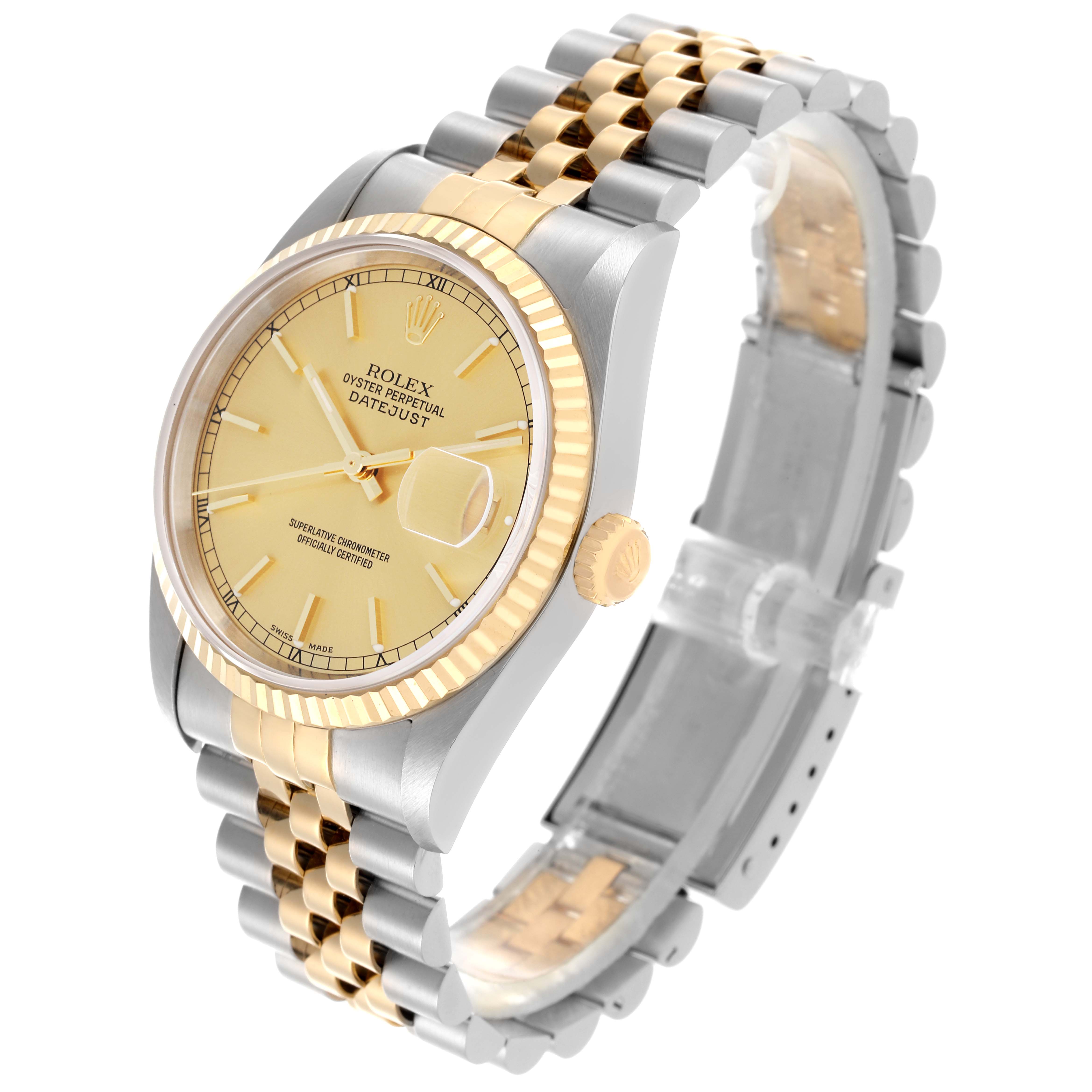 The Rolex Datejust 16233 Men
s Steel and Gold (two tone) Champagne Dial 16233 Men
s Steel and Gold (two tone) Champagne Dial is shown at an angle displaying the face, fluted bezel, and two-tone bracelet.