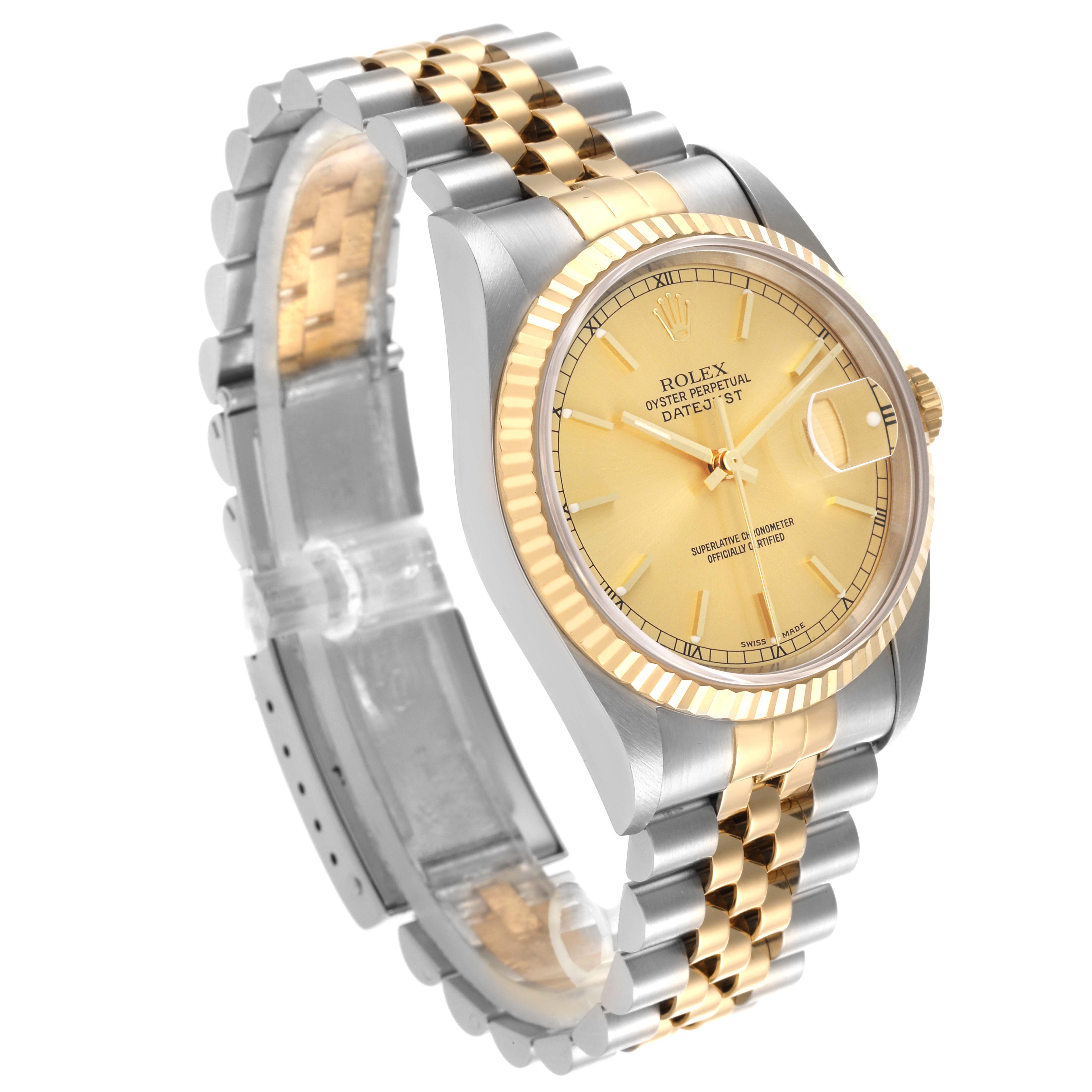 The Rolex Datejust 16233 Men
s Steel and Gold (two tone) Champagne Dial 16233 Men
s Steel and Gold (two tone) Champagne Dial watch is shown at a three-quarter angle, displaying the dial, bezel, and bracelet.