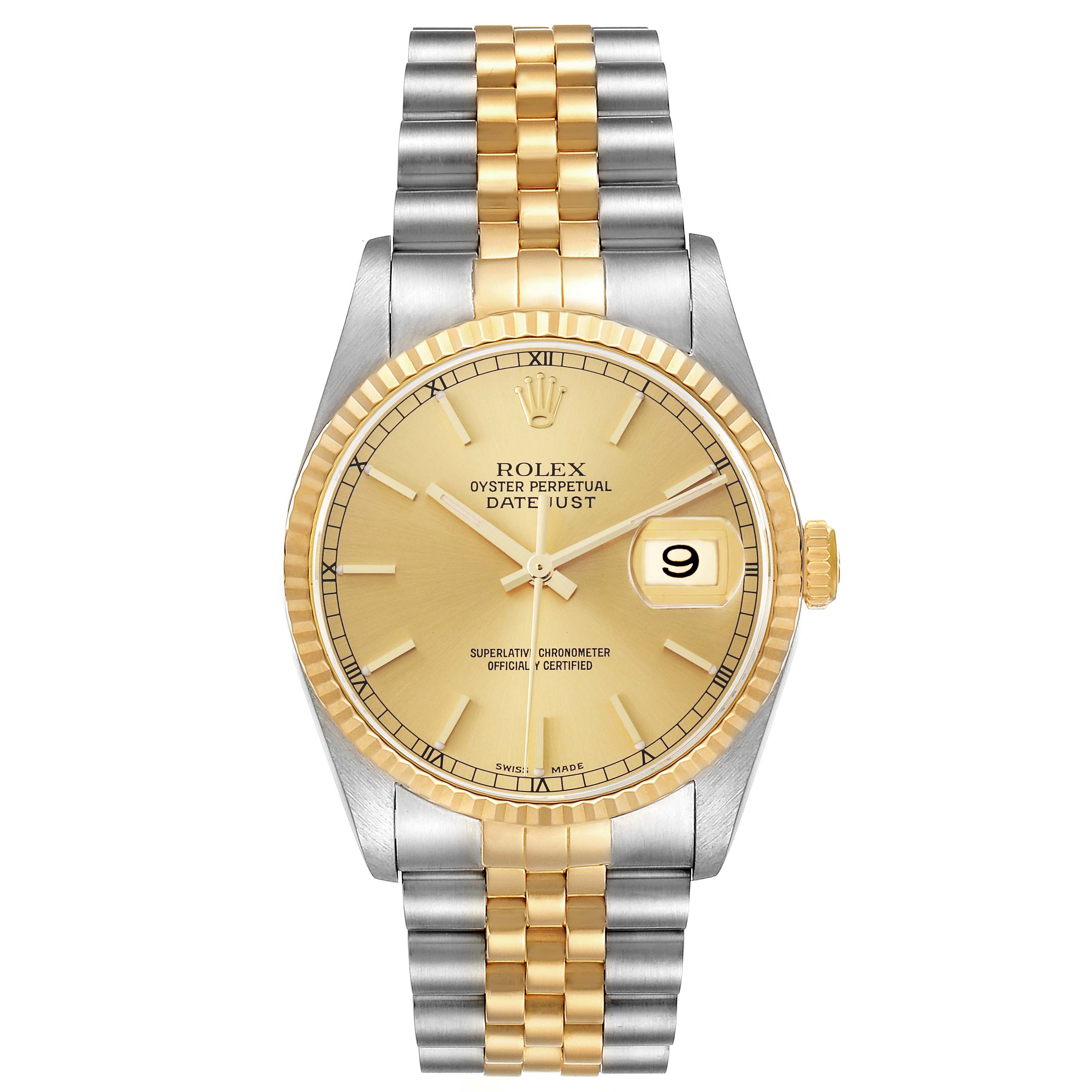 The Rolex Datejust 16233 Men
s Steel and Gold (two tone) Champagne Dial 16233 Men
s Steel and Gold (two tone) Champagne Dial watch is shown from a front angle, displaying the dial, bezel, and two-tone bracelet.