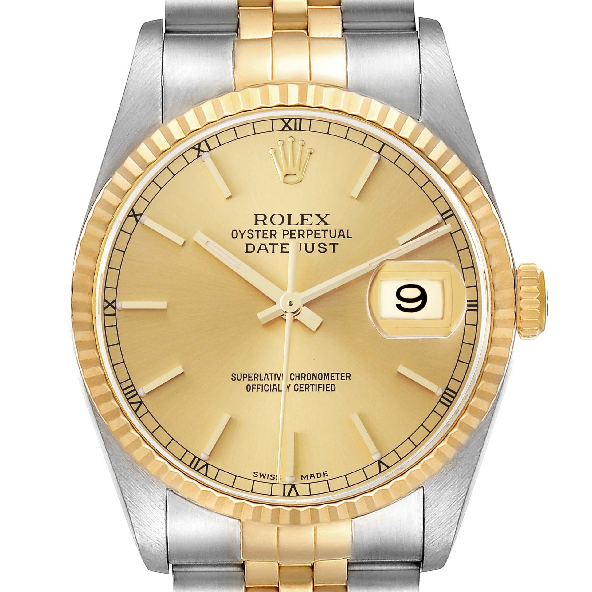 The Rolex Datejust 16233 Men
s Steel and Gold (two tone) Champagne Dial 16233 Men
s Steel and Gold (two tone) Champagne Dial watch is shown head-on, featuring the dial, fluted bezel, part of the bracelet, and the date window.