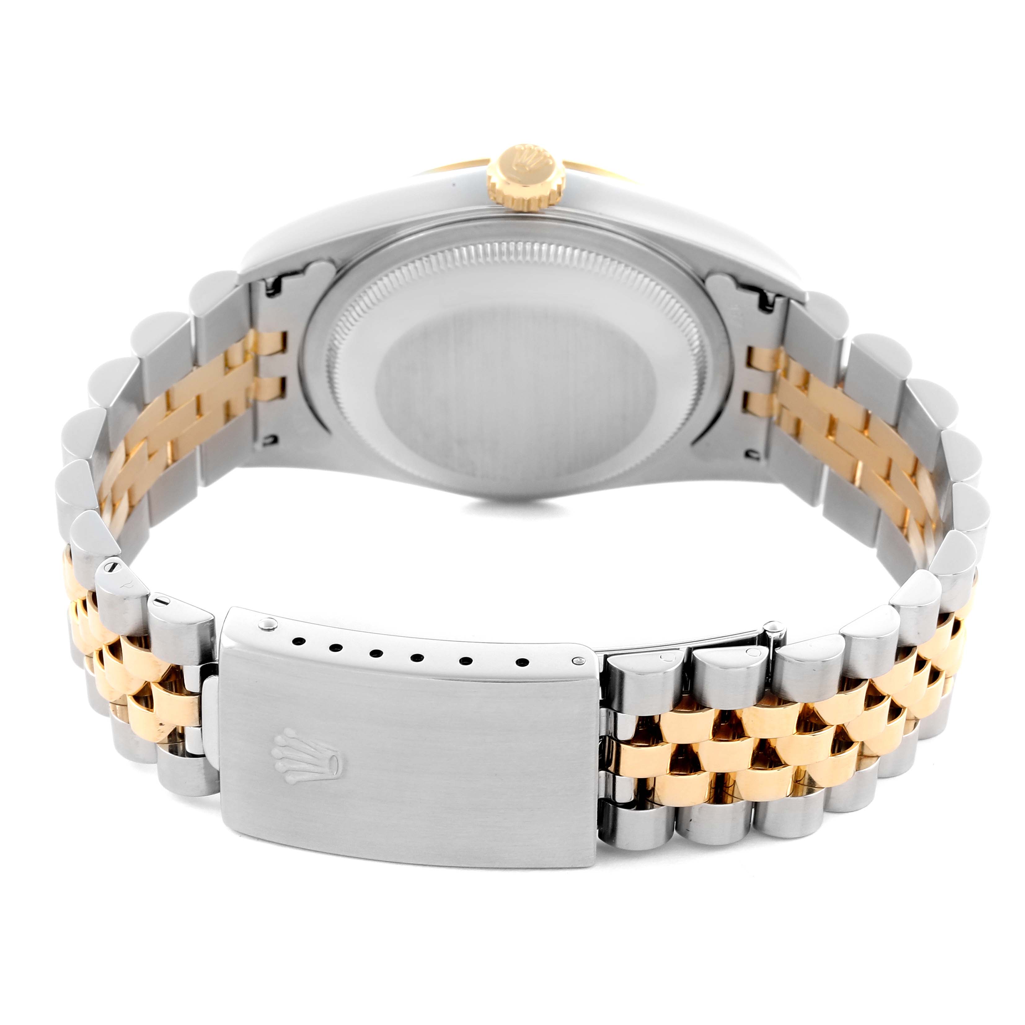 This image shows the back view of a Rolex Datejust 16233 Men
s Steel and Gold (two tone) Champagne Dial 16233 Men
s Steel and Gold (two tone) Champagne Dial watch, highlighting the clasp and two-tone bracelet.