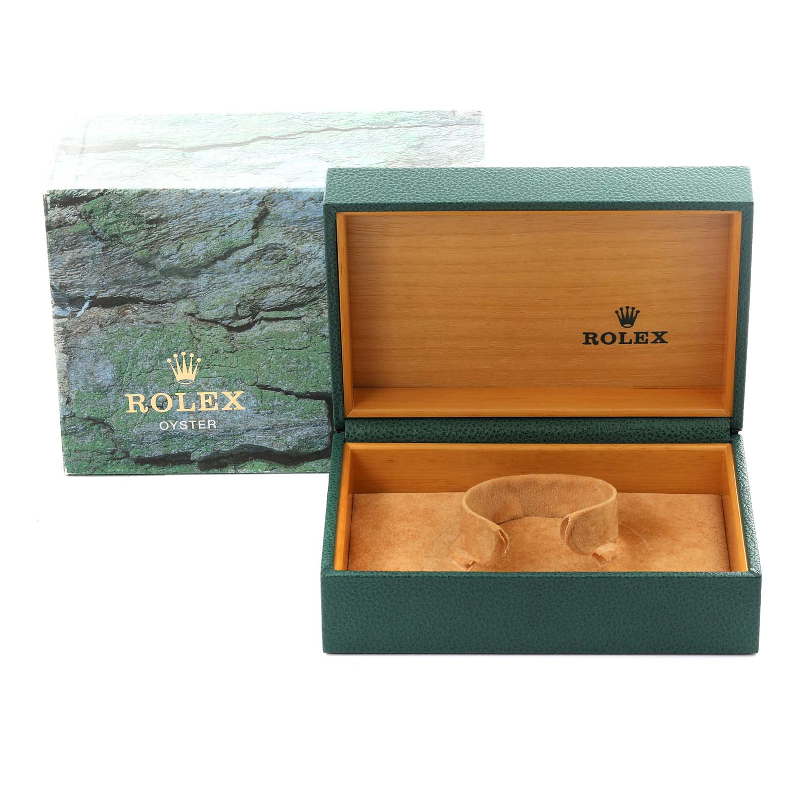 This image shows an open Rolex Datejust 16233 Men
s Steel and Gold (two tone) Champagne Dial 16233 Men
s Steel and Gold (two tone) Champagne Dial watch box with a green textured exterior and a wooden interior.