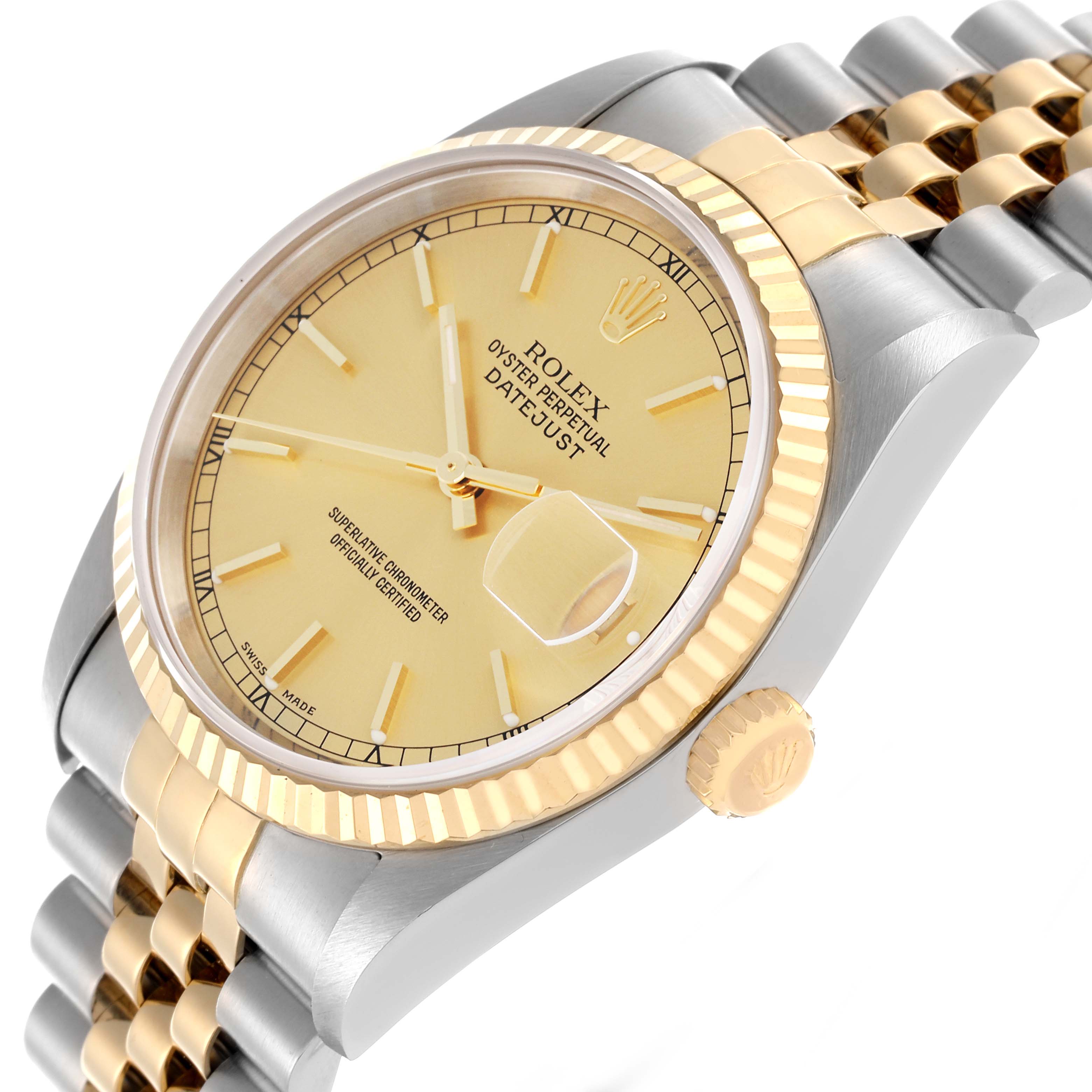 The Rolex Datejust 16233 Men
s Steel and Gold (two tone) Champagne Dial 16233 Men
s Steel and Gold (two tone) Champagne Dial is shown at an angle displaying the face, bezel, crown, and partial bracelet.