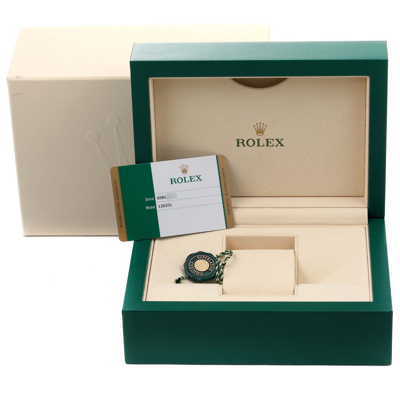 The image shows the packaging, card, and tag for a Rolex Datejust 41 126331 Men's Steel and Gold (two tone) Mother of Pearl Dial 126331 Men's Steel and Gold (two tone) Mother of Pearl Dial model, with an angle focused on the open watch box.