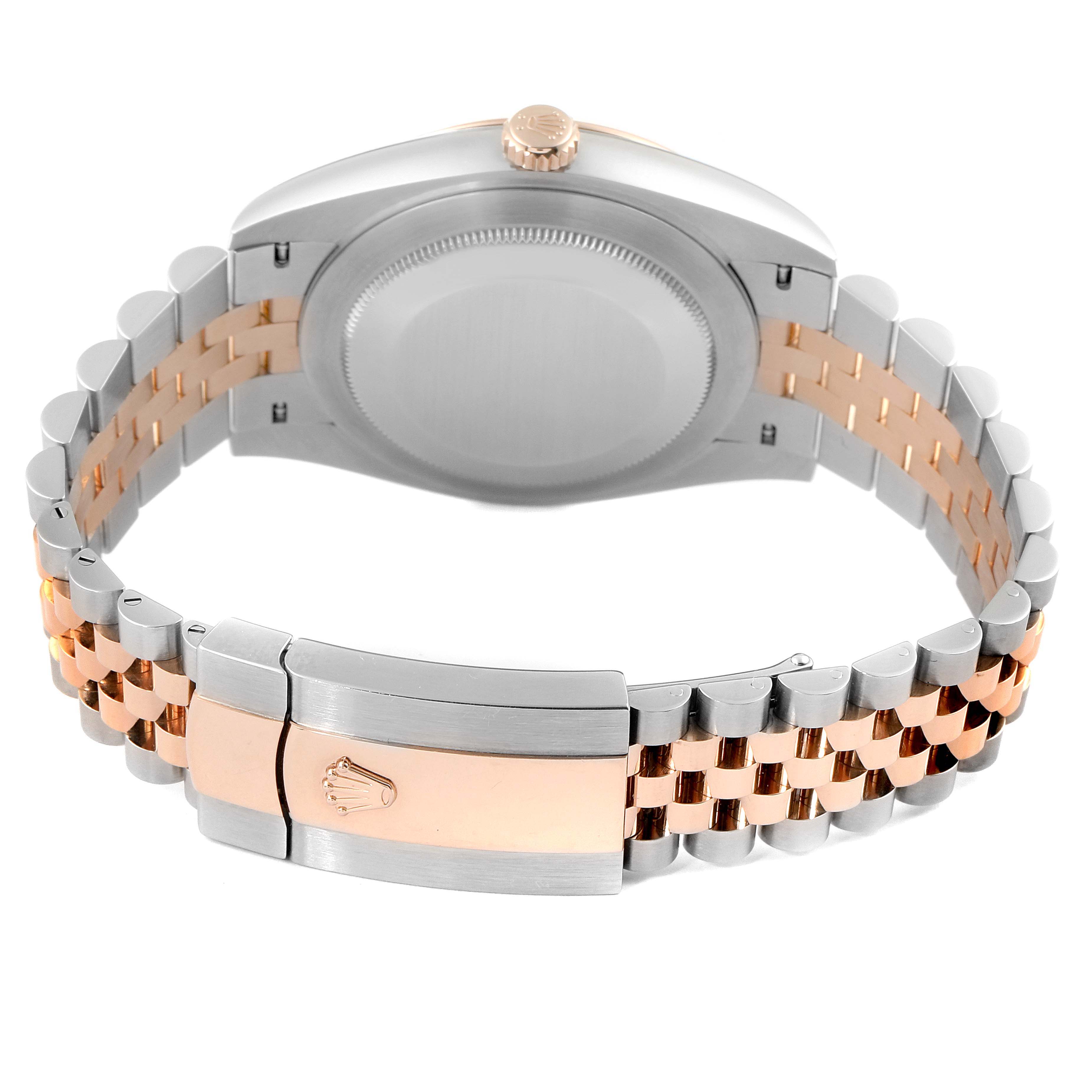 This image shows the back view of a Rolex Datejust 41 126331 Men's Steel and Gold (two tone) Mother of Pearl Dial 126331 Men's Steel and Gold (two tone) Mother of Pearl Dial watch, highlighting its case back and two-tone bracelet with a clasp.