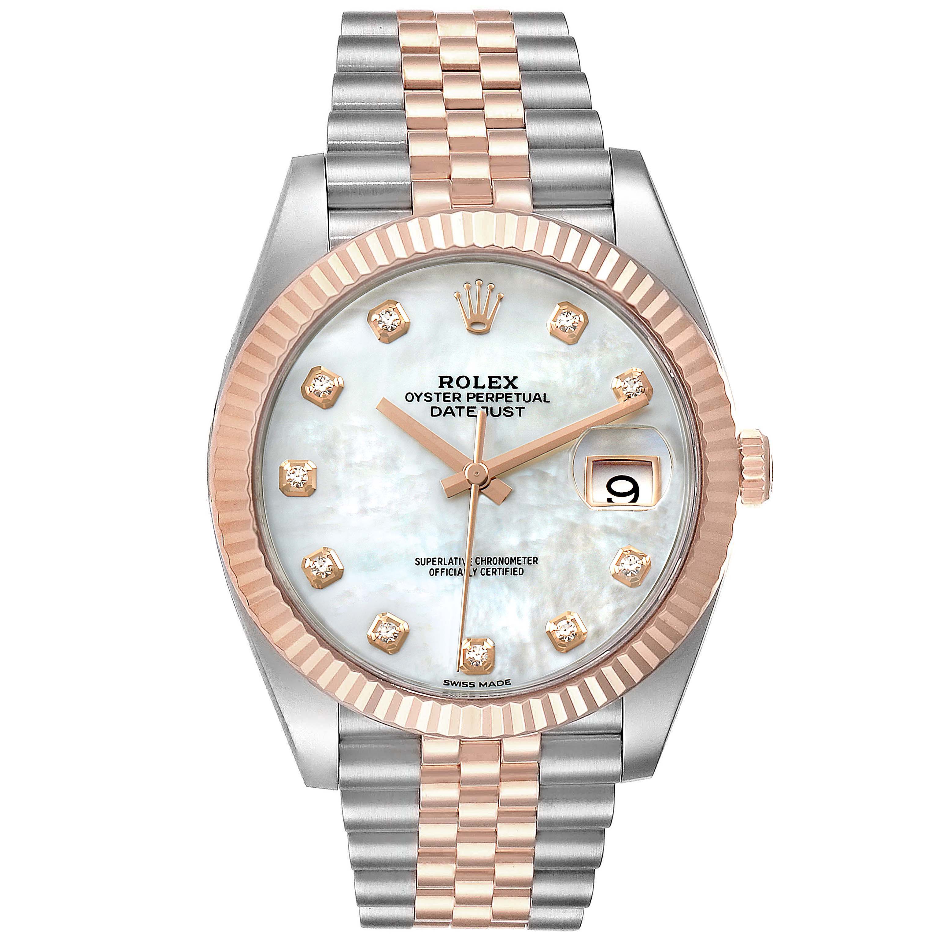 The image shows a Rolex Datejust 41 126331 Men's Steel and Gold (two tone) Mother of Pearl Dial 126331 Men's Steel and Gold (two tone) Mother of Pearl Dial watch from a front angle, highlighting its dial, bezel, and bracelet.
