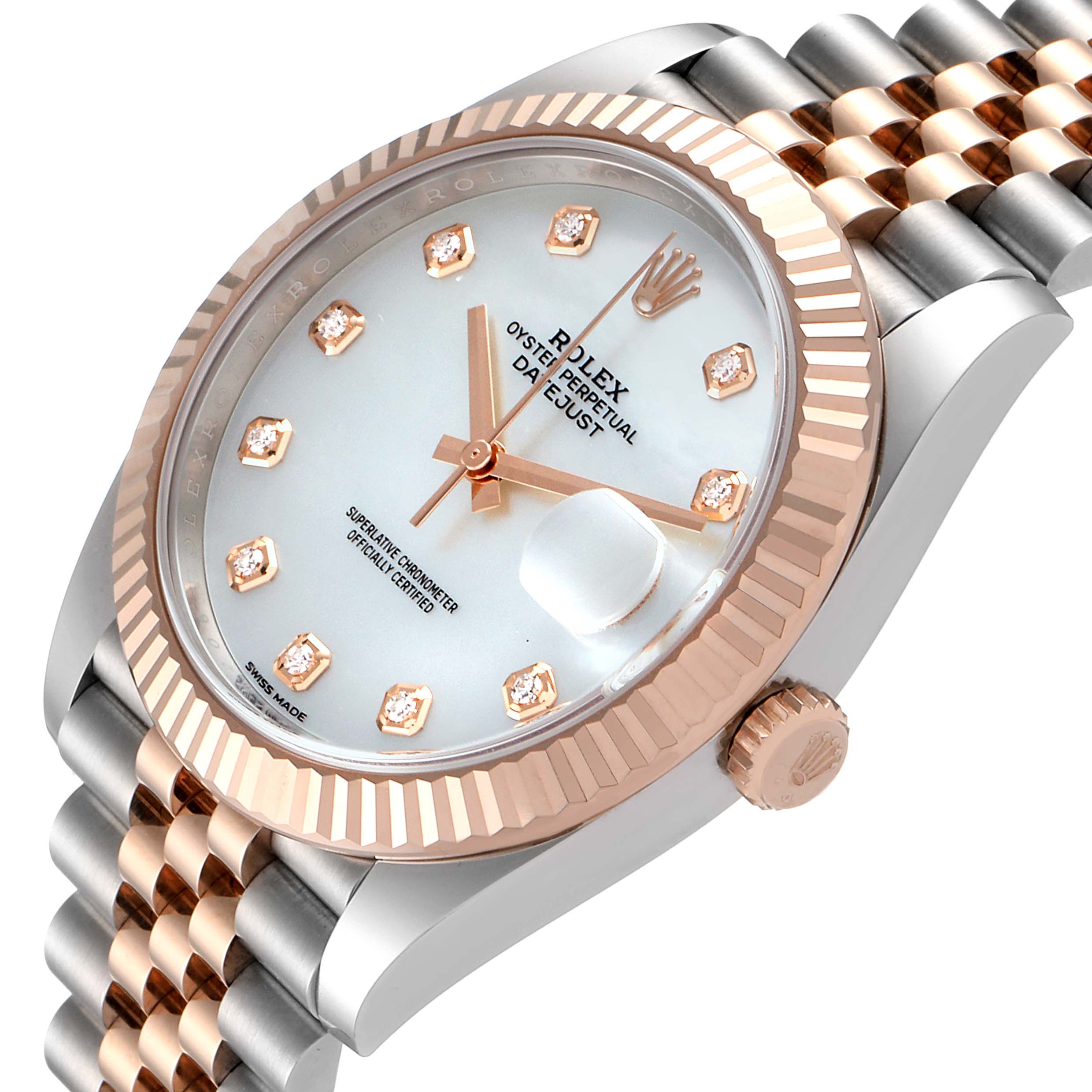 The image shows a close-up angled view of the Rolex Datejust 41 126331 Men's Steel and Gold (two tone) Mother of Pearl Dial 126331 Men's Steel and Gold (two tone) Mother of Pearl Dial watch, highlighting its dial, bezel, and part of the bracelet.