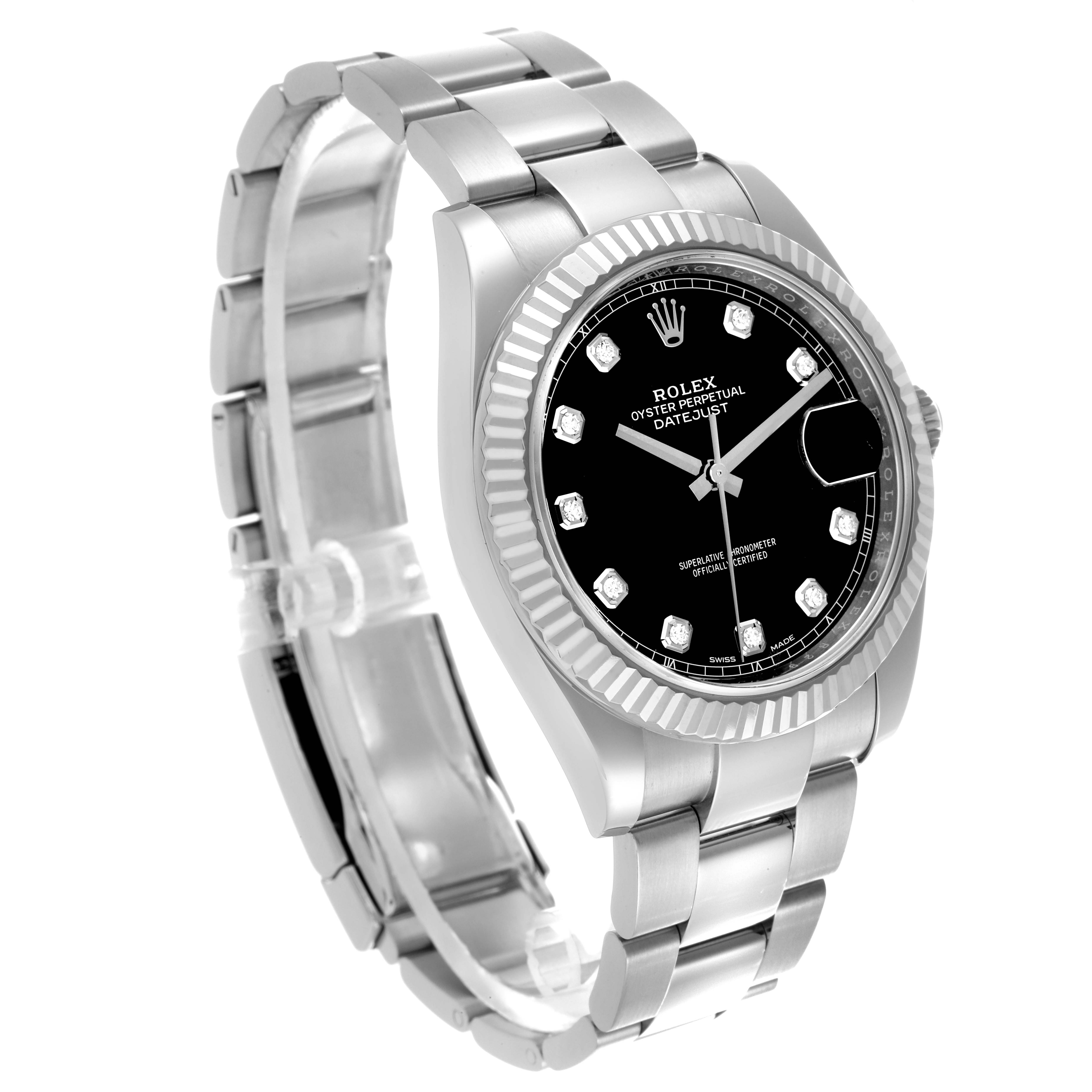 This image shows a Rolex Datejust 41 126334 Men's Stainless Steel Black Dial 126334 Men's Stainless Steel Black Dial at a three-quarter angle, highlighting the bracelet, bezel, and black dial with diamond markers.