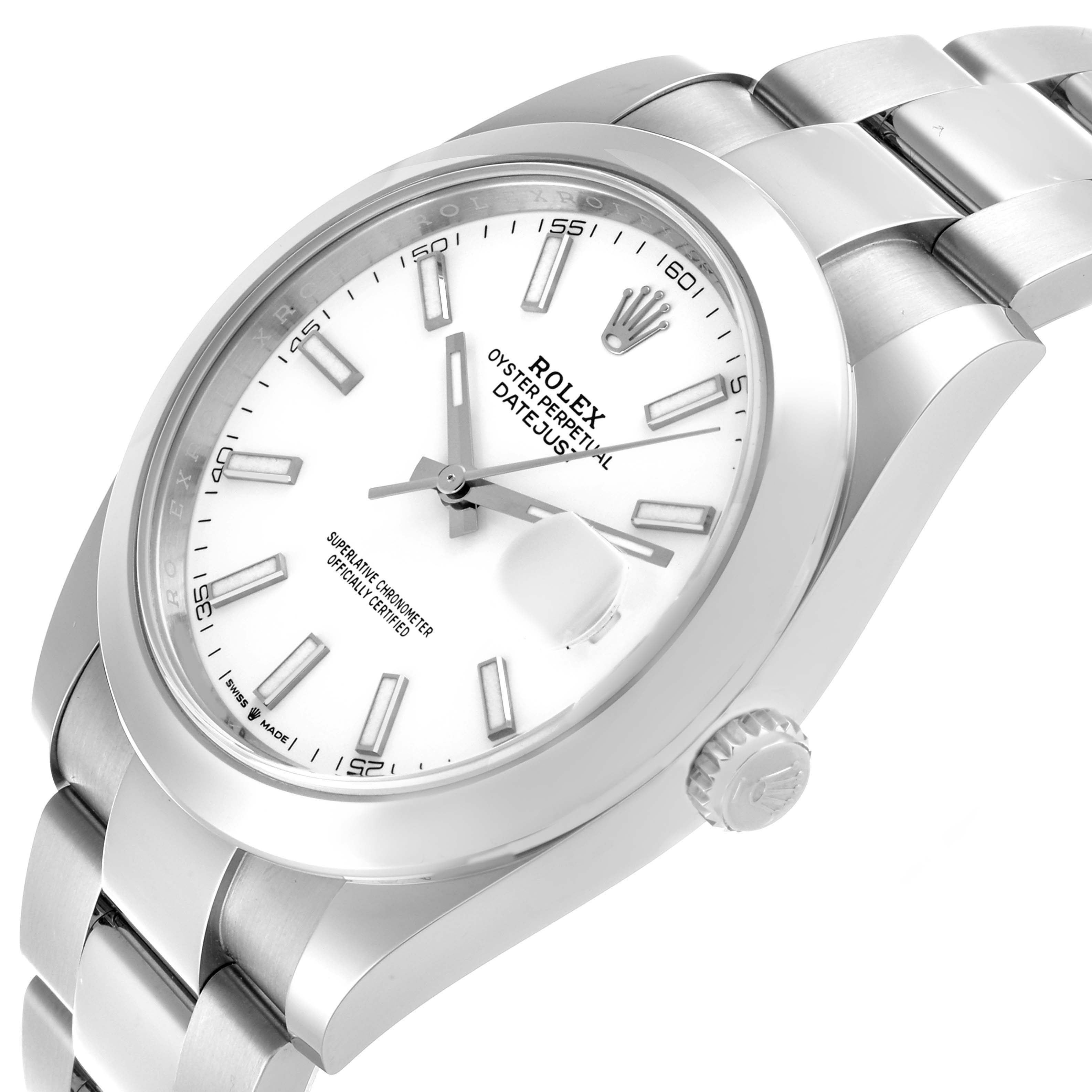 The Rolex Datejust 41 126300 Men's Stainless Steel White Dial 126300 Men's Stainless Steel White Dial is shown at a slight angle, featuring its dial, bezel, bracelet, and crown.