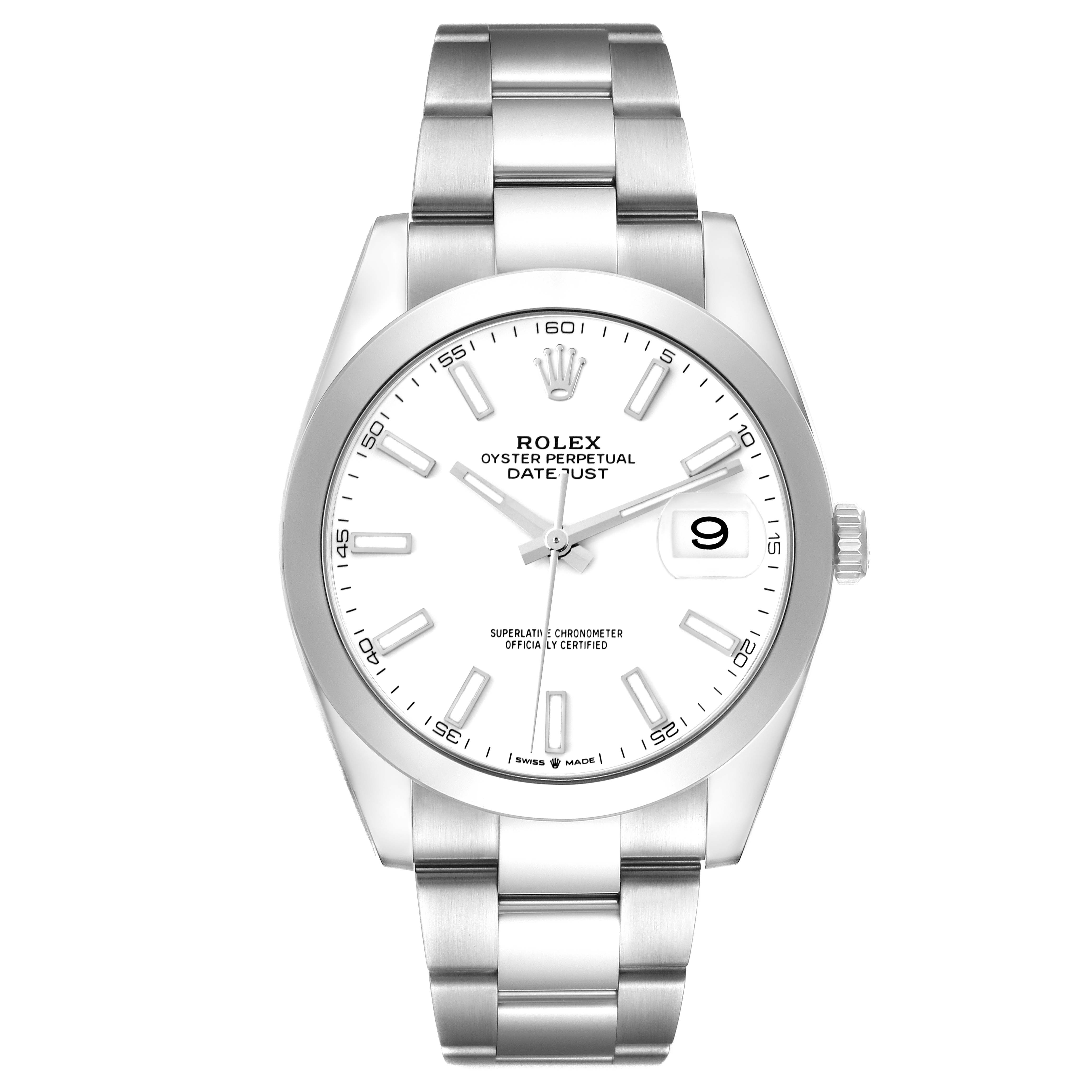 The Rolex Datejust 41 126300 Men's Stainless Steel White Dial 126300 Men's Stainless Steel White Dial model is shown from a front angle, highlighting the dial, bracelet, and bezel.