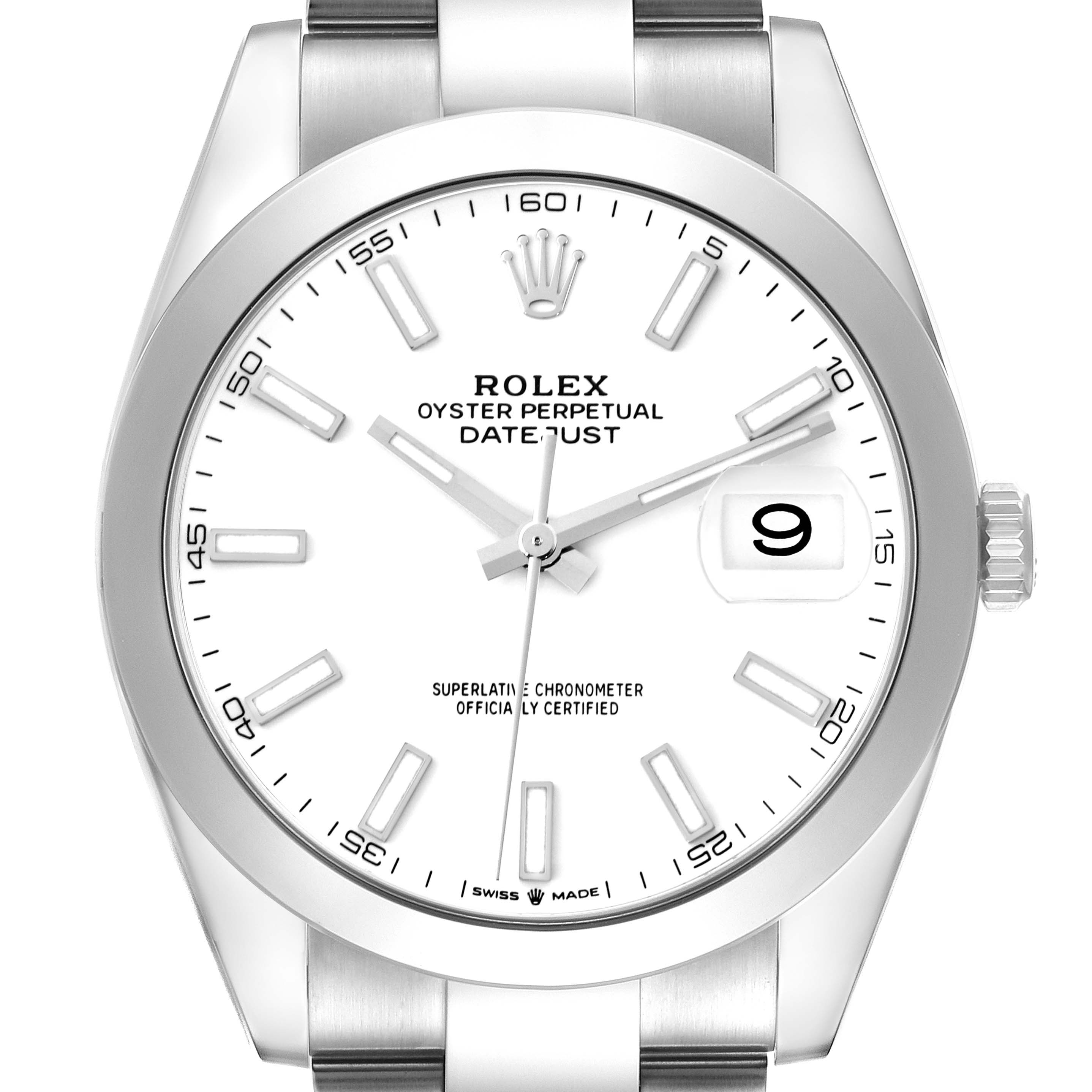 The Rolex Datejust 41 126300 Men's Stainless Steel White Dial 126300 Men's Stainless Steel White Dial is shown from a front angle, highlighting the dial, bezel, and part of the bracelet.
