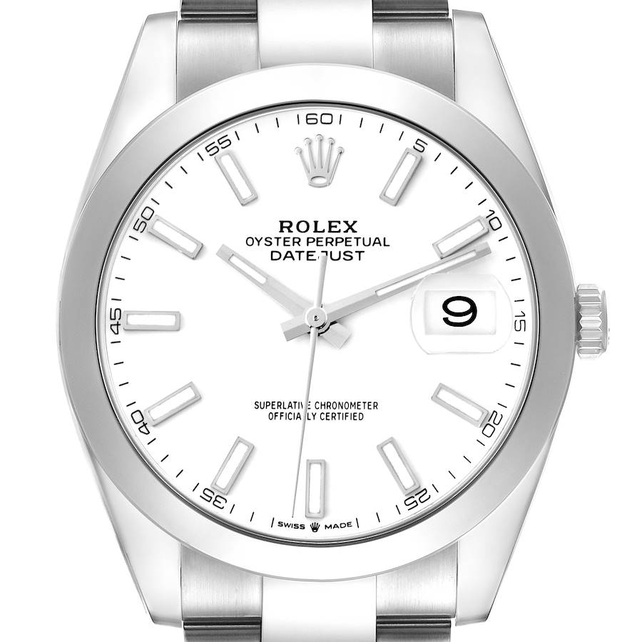 The Rolex Datejust 41 is shown from a front angle, highlighting the dial, bezel, and part of the bracelet.