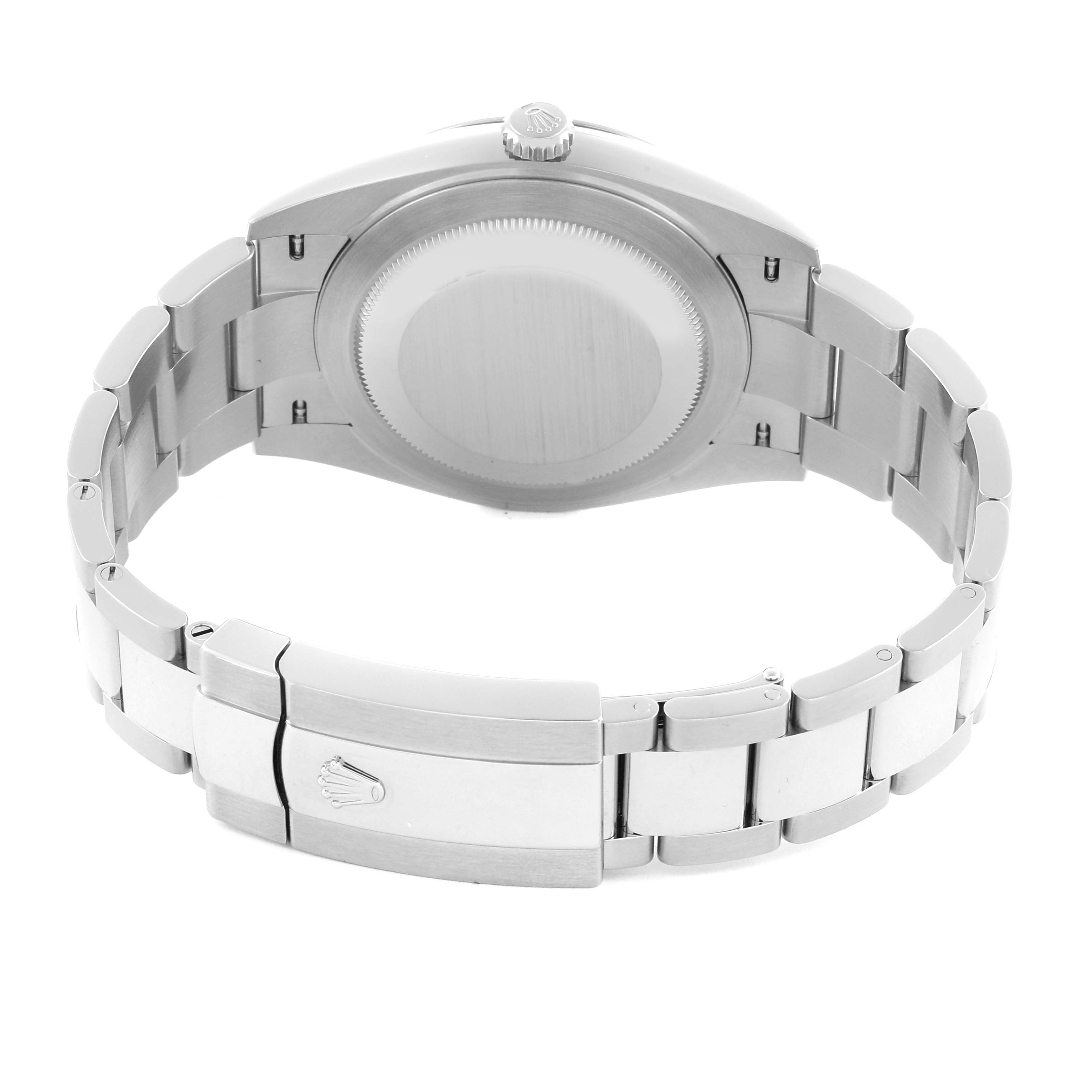The image shows the back view of a Rolex Datejust 41 126300 Men's Stainless Steel White Dial 126300 Men's Stainless Steel White Dial, highlighting the case back and bracelet clasp.