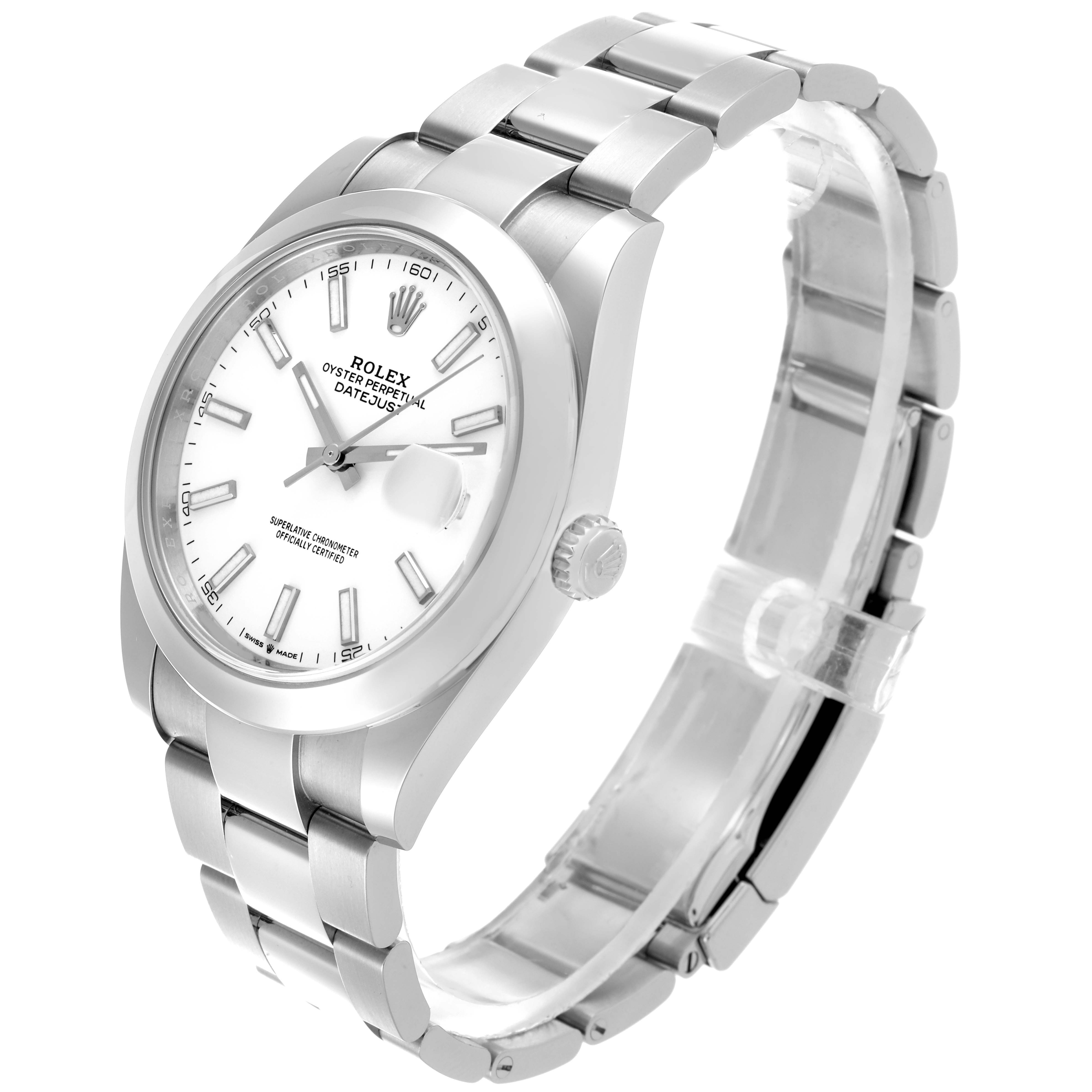 The Rolex Datejust 41 126300 Men's Stainless Steel White Dial 126300 Men's Stainless Steel White Dial is shown at an angled side profile, highlighting the case, bracelet, dial, and crown.