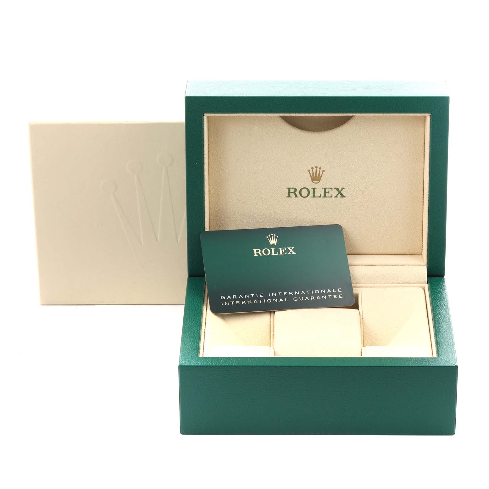 The image shows an open Rolex Datejust 41 126300 Men's Stainless Steel White Dial 126300 Men's Stainless Steel White Dial box with a guarantee card angled in front.