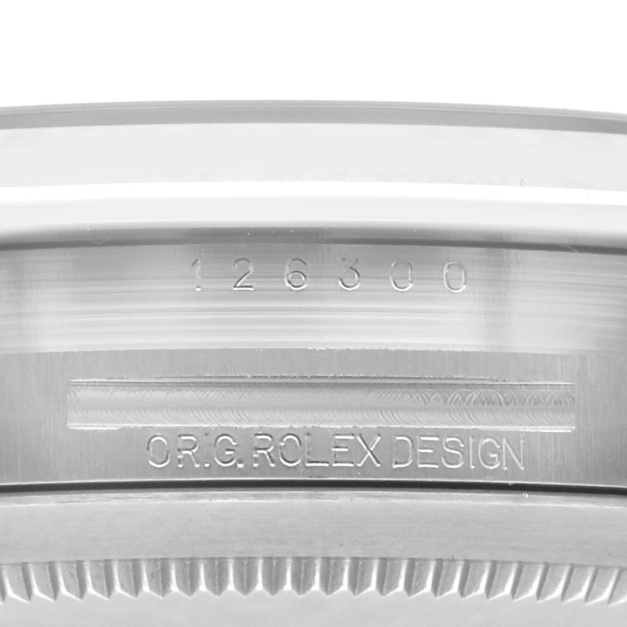 The image shows the side view of the Rolex Datejust 41 126300 Men's Stainless Steel White Dial 126300 Men's Stainless Steel White Dial case, highlighting the model number and engraving.