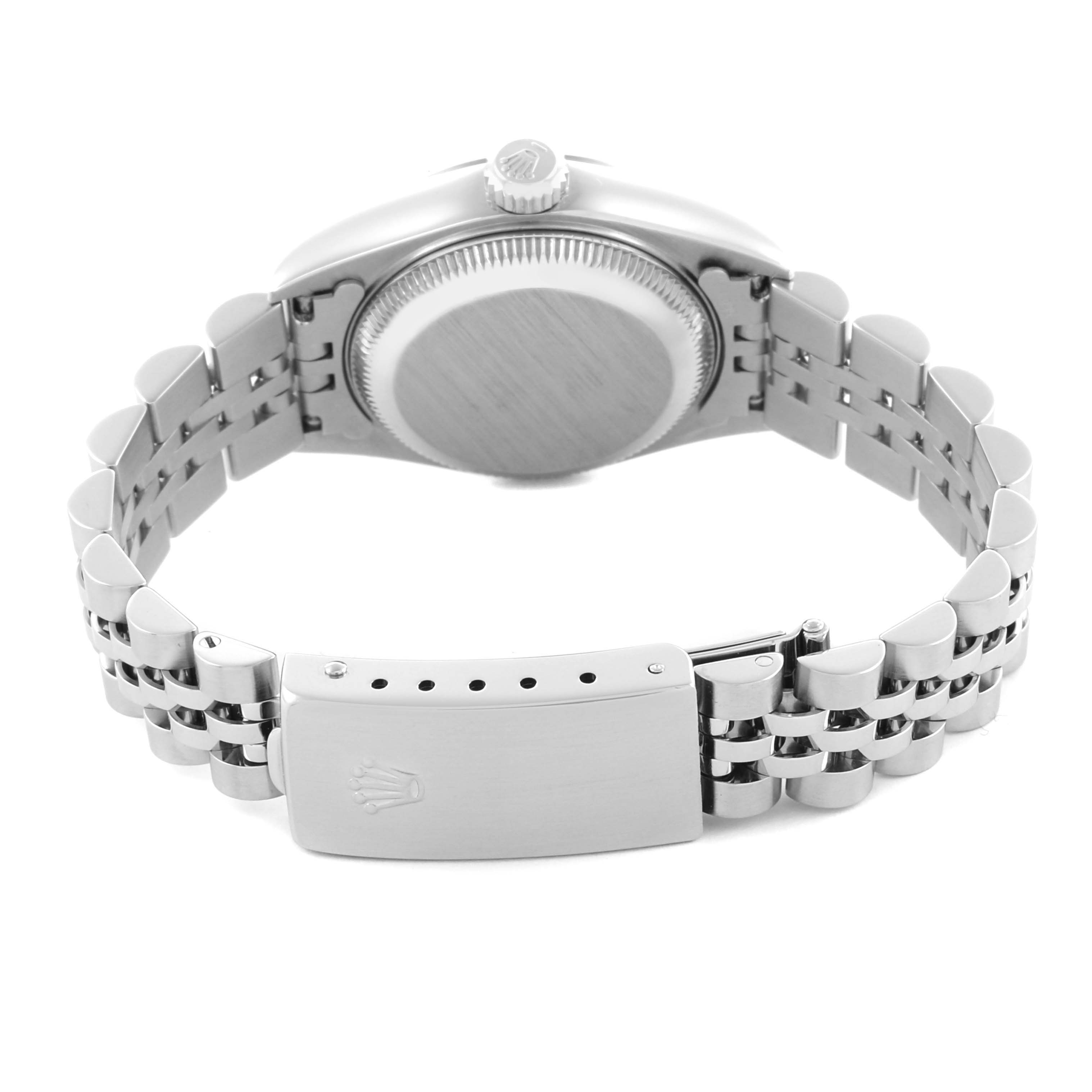 The image shows the back view of a Rolex Datejust 79174 Women's Stainless Steel Blue Dial 79174 Women's Stainless Steel Blue Dial, highlighting the bracelet and clasp.