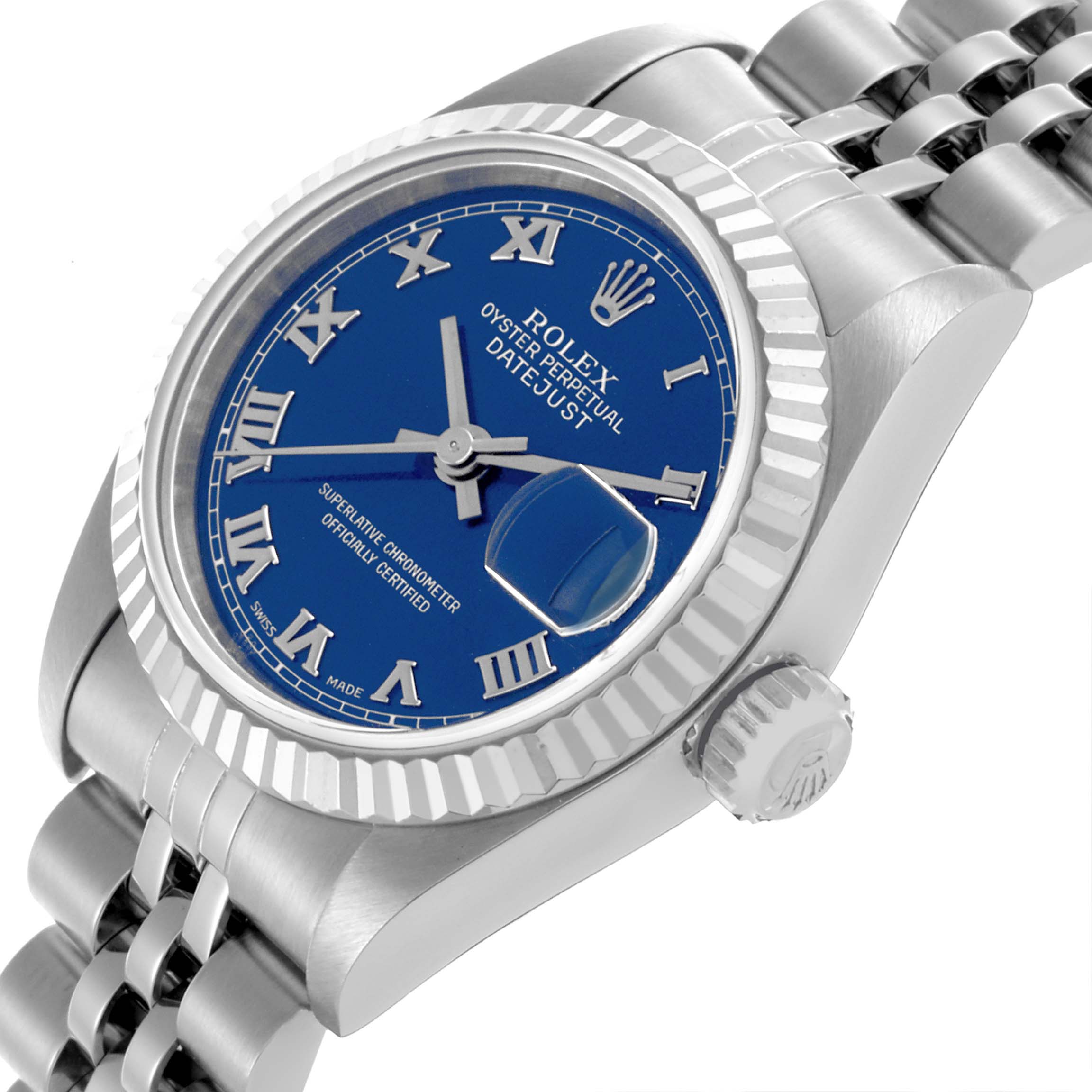 The Rolex Datejust 79174 Women's Stainless Steel Blue Dial 79174 Women's Stainless Steel Blue Dial watch is shown at an angle highlighting the blue dial, fluted bezel, and bracelet.