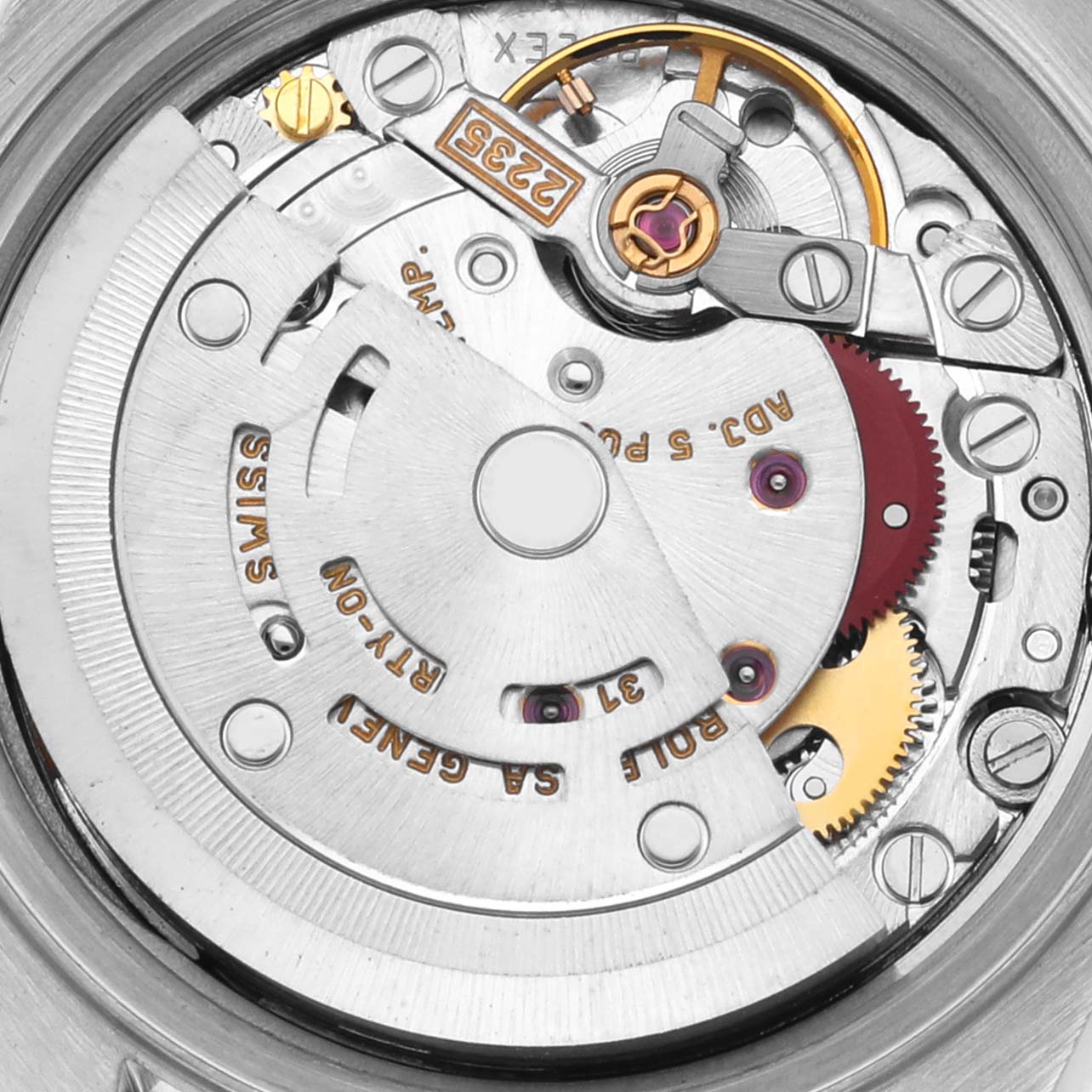 The image shows the movement mechanism of a Rolex Datejust 79174 Women's Stainless Steel Blue Dial 79174 Women's Stainless Steel Blue Dial watch from a top-down angle.