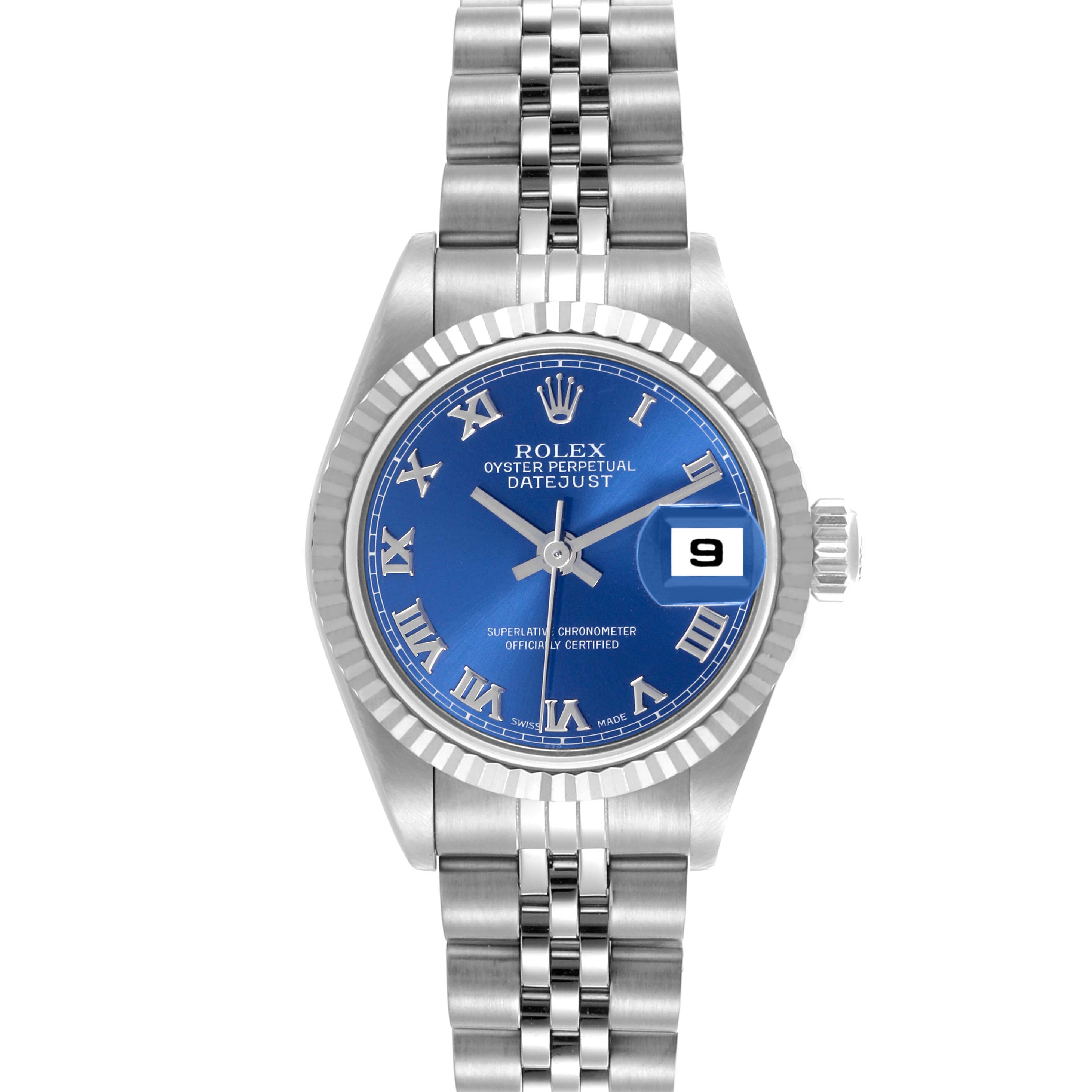 The Rolex Datejust 79174 Women's Stainless Steel Blue Dial 79174 Women's Stainless Steel Blue Dial watch is shown from a front view, displaying its blue dial, date window, fluted bezel, and jubilee bracelet.