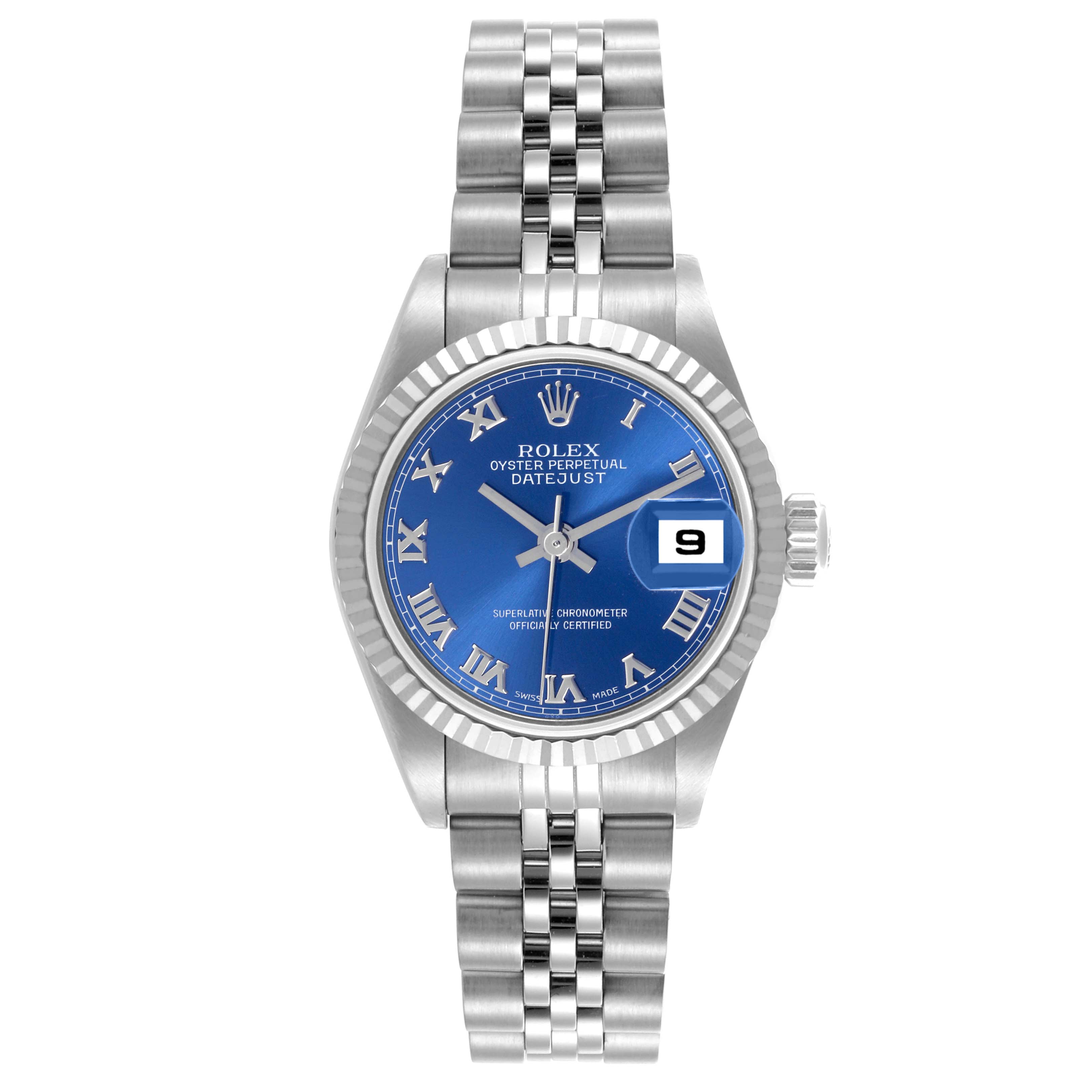 The Rolex Datejust 79174 Women's Stainless Steel Blue Dial 79174 Women's Stainless Steel Blue Dial watch is shown from the front, displaying the blue dial, fluted bezel, and Jubilee bracelet.