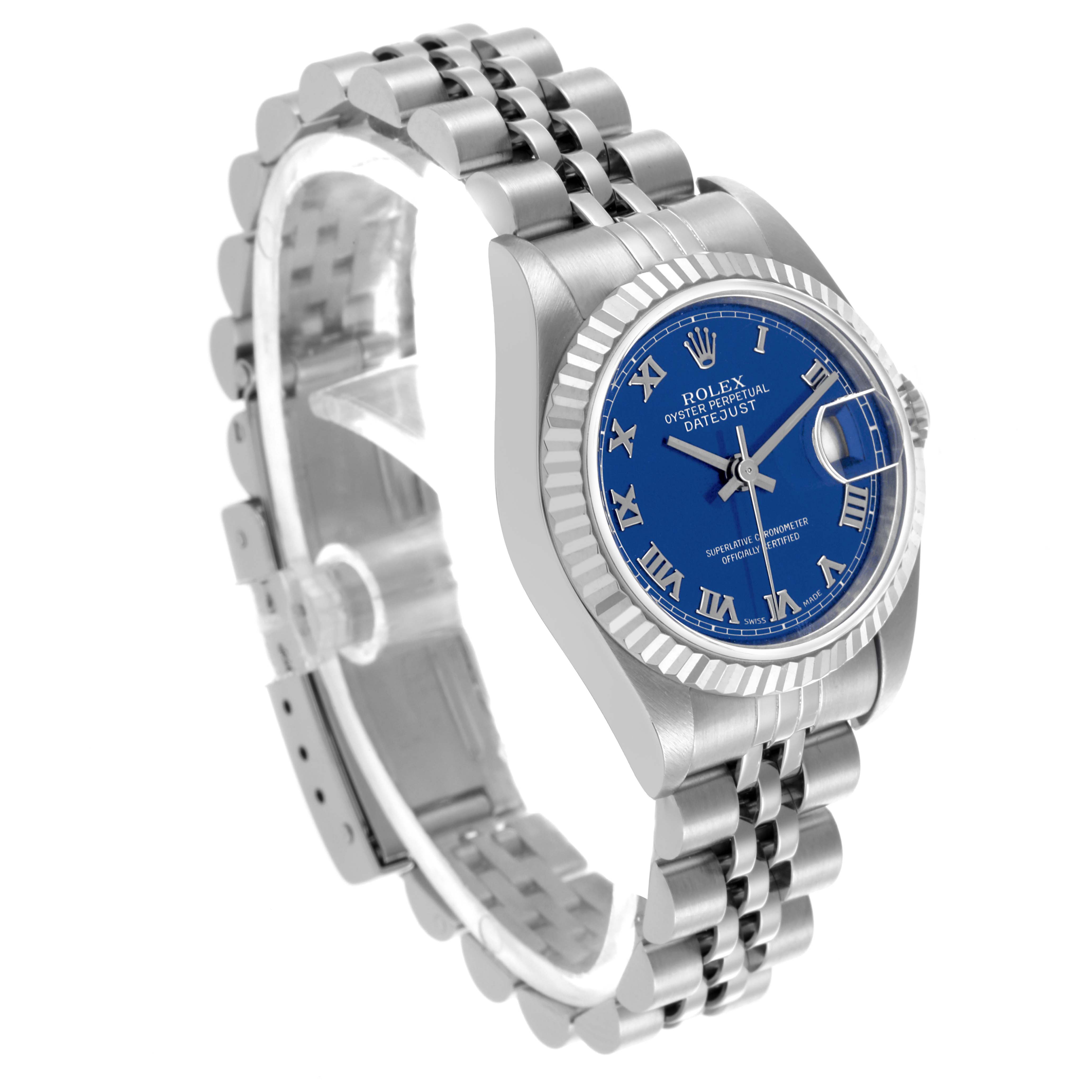 The Rolex Datejust 79174 Women's Stainless Steel Blue Dial 79174 Women's Stainless Steel Blue Dial watch is shown at a three-quarter angle, highlighting the face, bezel, case, and band.
