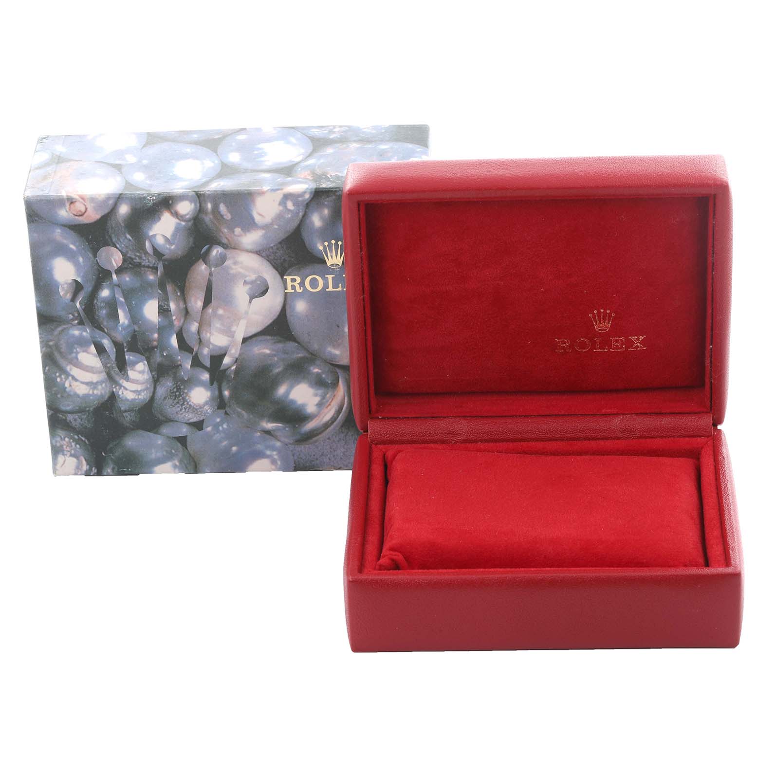 The image shows the packaging for a Rolex Datejust 79174 Women's Stainless Steel Blue Dial 79174 Women's Stainless Steel Blue Dial, featuring a closed box and an open red velvet-lined case.