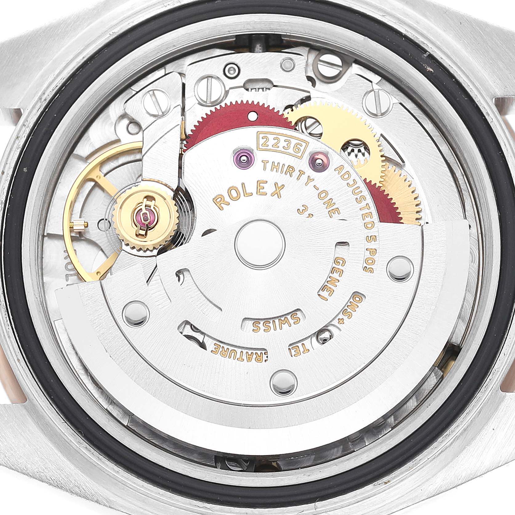 This image shows the inner mechanical components of a Rolex Datejust 279171 Women's Steel and Gold (two tone) Brown Dial 279171 Women's Steel and Gold (two tone) Brown Dial watch, viewed from the back with the case back removed.