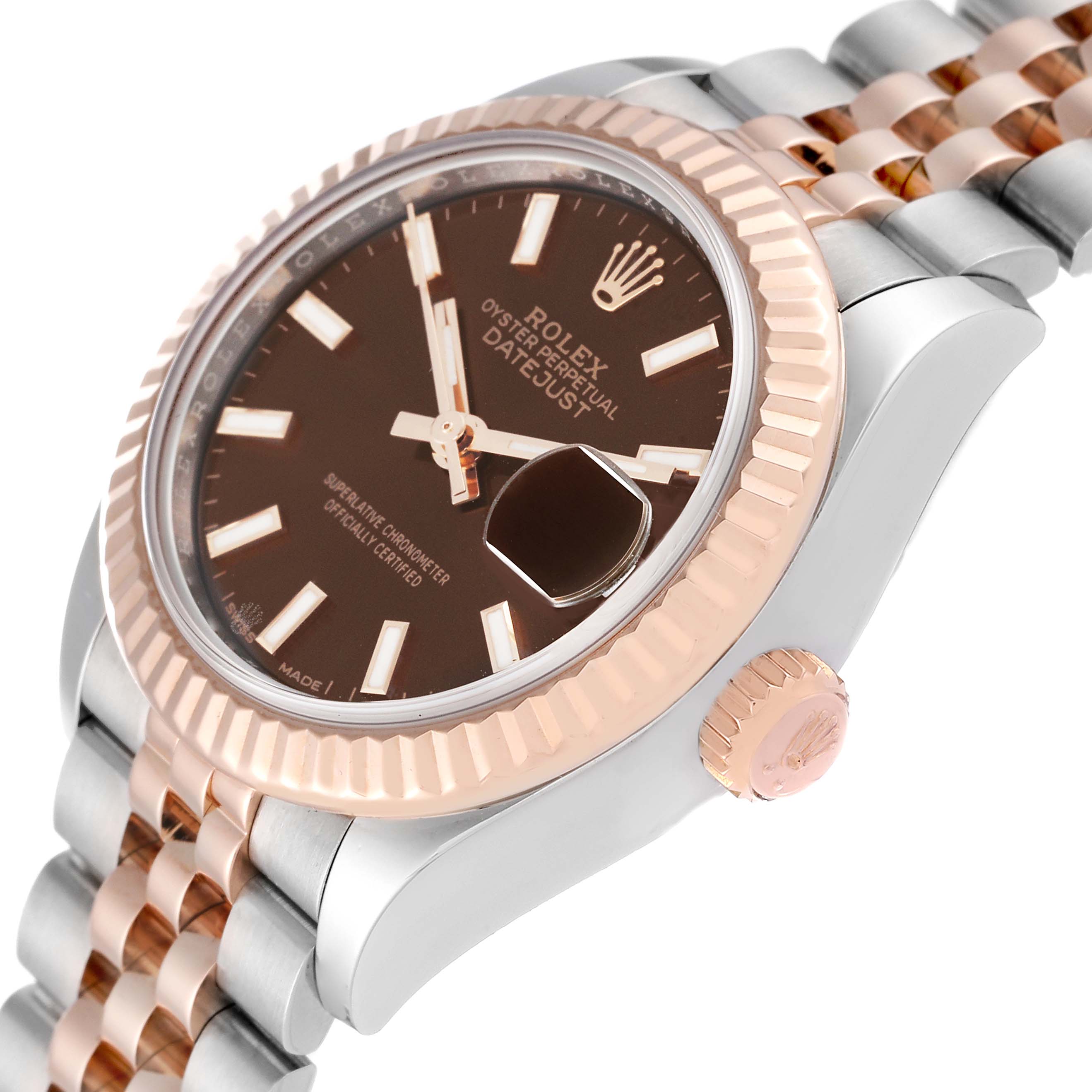 The image shows a side angle of the Rolex Datejust 279171 Women's Steel and Gold (two tone) Brown Dial 279171 Women's Steel and Gold (two tone) Brown Dial watch, featuring the bezel, crown, and part of the bracelet.