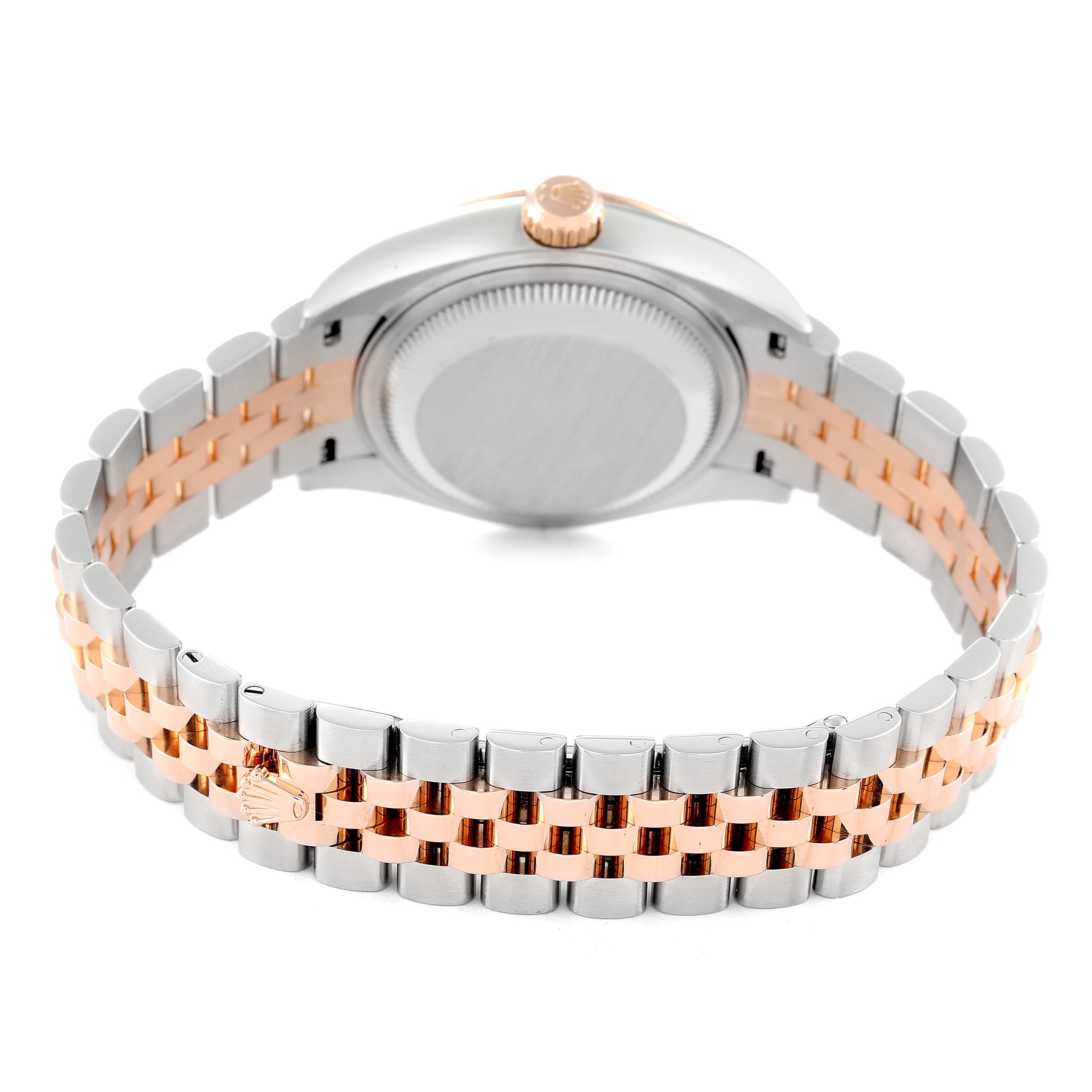 This Rolex Datejust 279171 Women's Steel and Gold (two tone) Brown Dial 279171 Women's Steel and Gold (two tone) Brown Dial watch is shown from the back, displaying the case, crown, and the two-tone bracelet.